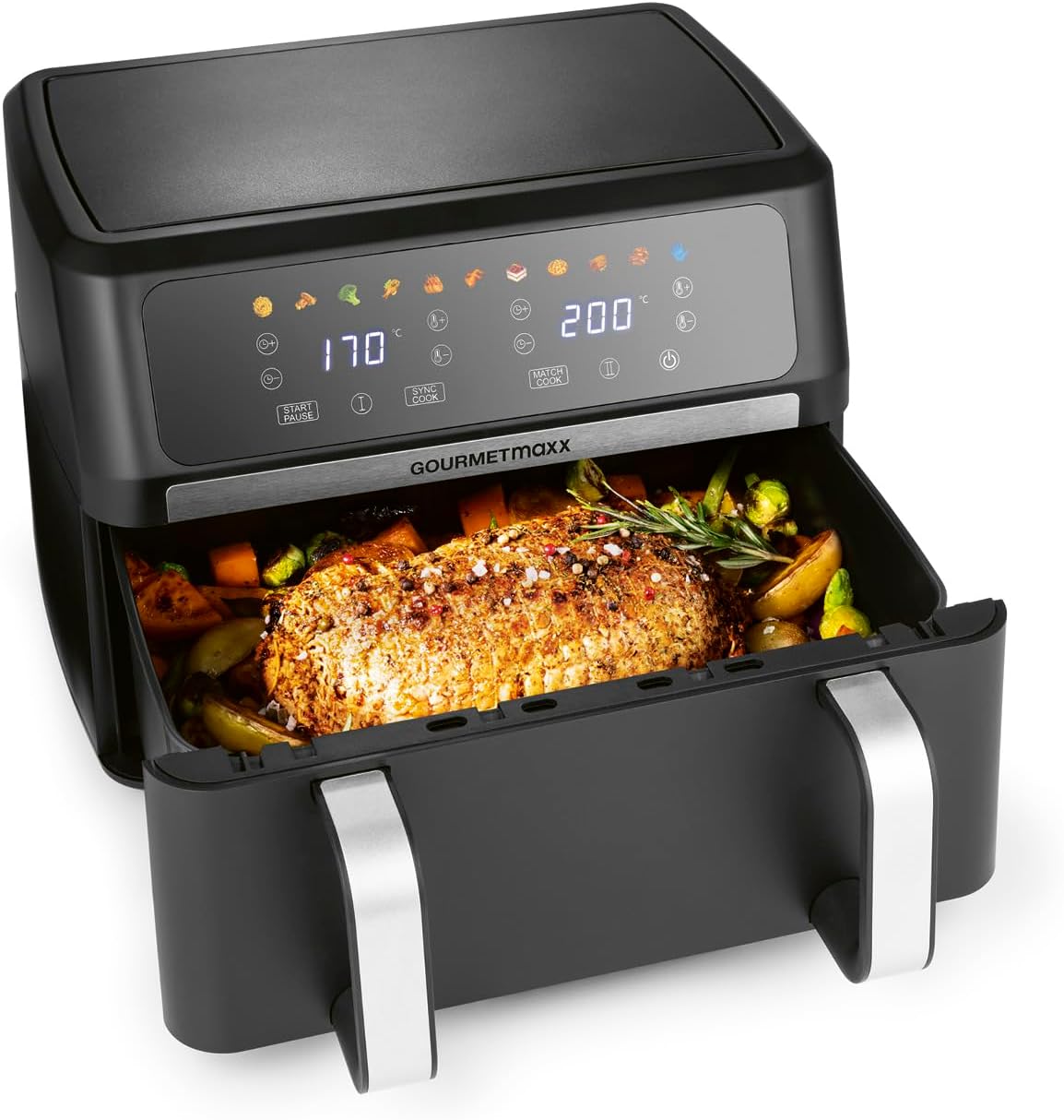 GOURMETmaxx AirGenius Heißluftfritteuse, 10 L - 2 x 5 L Airfryer Vario-Kammer | Fritteuse mit 10 Programmen & Touchscreen | Heißluftfritteuse 2 Kammern – 2 Speisen gleichzeitig, für max. 8 Personen
