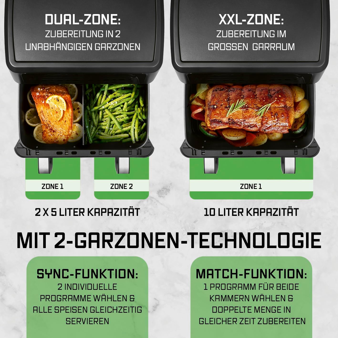 GOURMETmaxx AirGenius Heißluftfritteuse, 10 L - 2 x 5 L Airfryer Vario-Kammer | Fritteuse mit 10 Programmen & Touchscreen | Heißluftfritteuse 2 Kammern – 2 Speisen gleichzeitig, für max. 8 Personen — Ansicht 6