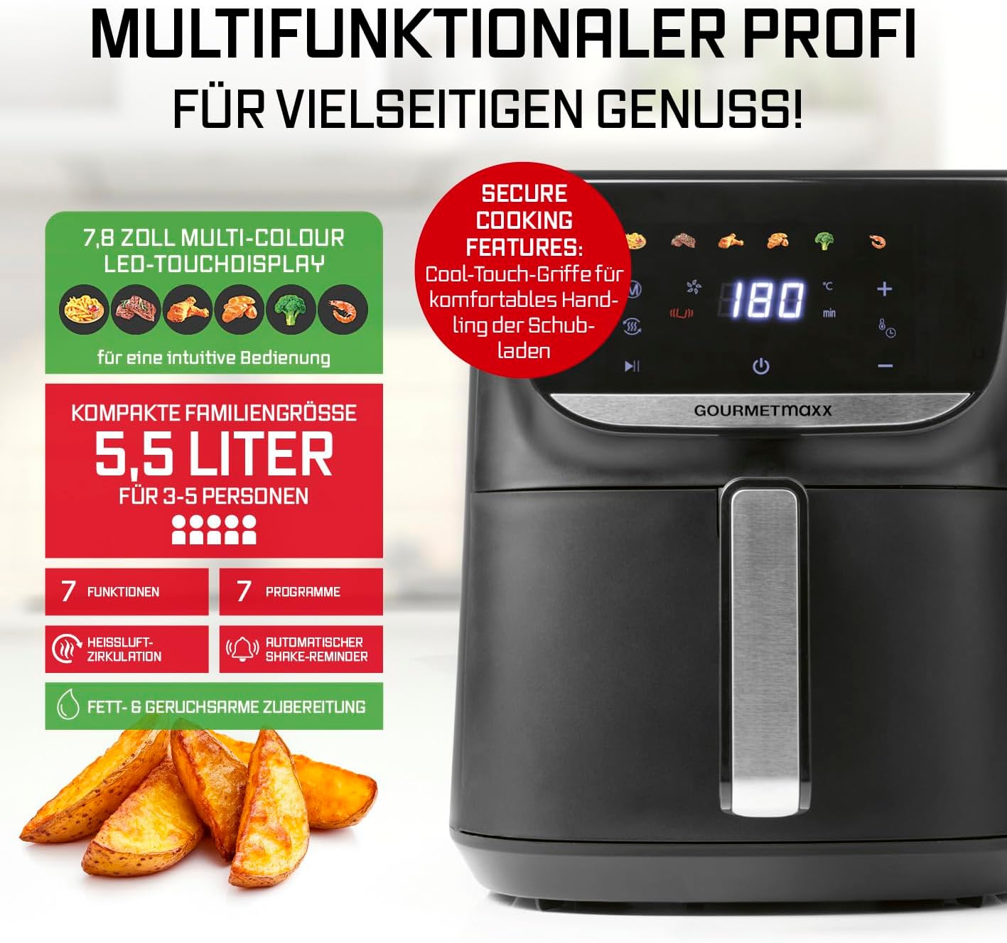 GOURMETmaxx AirGenius Heißluftfritteuse - 5,5 L Airfryer | Fritteuse mit 7 Programmen | Minibackofen - Fettarmes & Leckeres für 3–5 Personen | Heißluftfritteuse mit Farbdisplay, LED-Touchscreen — Ansicht 3