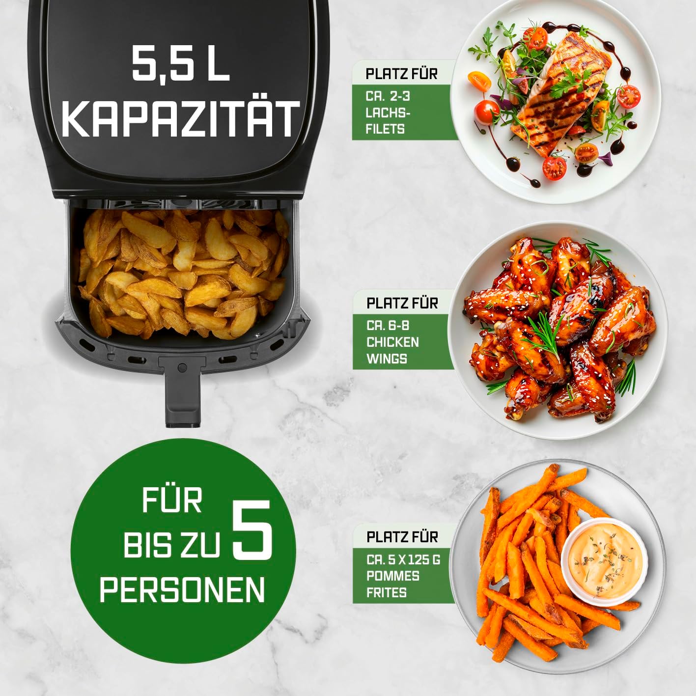 GOURMETmaxx AirGenius Heißluftfritteuse - 5,5 L Airfryer | Fritteuse mit 7 Programmen | Minibackofen - Fettarmes & Leckeres für 3–5 Personen | Heißluftfritteuse mit Farbdisplay, LED-Touchscreen — Ansicht 5