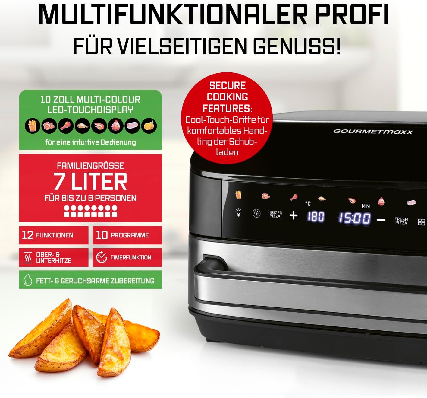 GOURMETmaxx AirGenius Heißluftfritteuse - 7 L Airfryer | Fritteuse mit XXL-Garfläche & 10 Programmen | Minibackofen - fettarm frittieren für max. 8 Personen | Heißluftfritteuse mit Farbdisplay — Ansicht 3