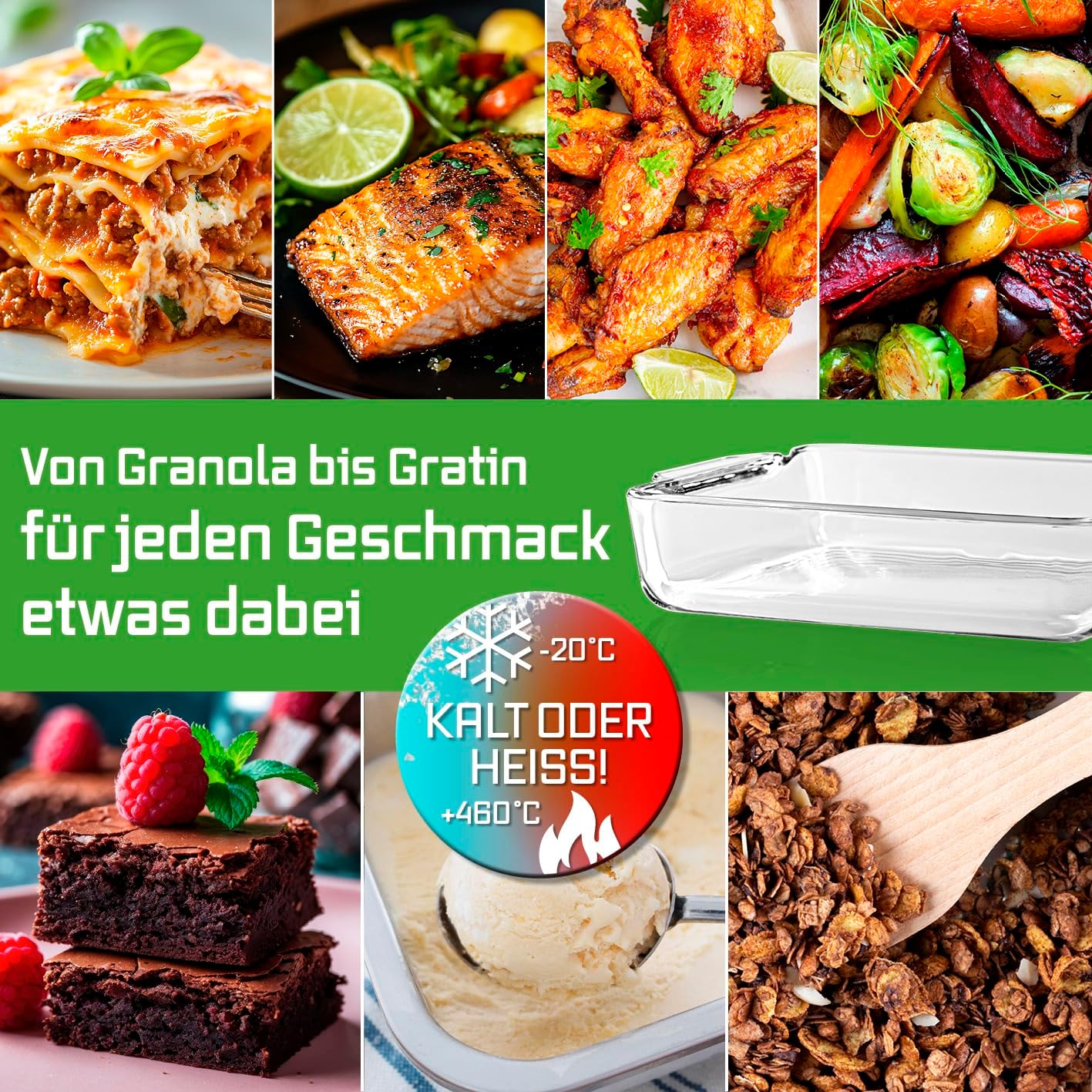 GOURMETmaxx Auflaufform Glas für Heißluftfritteuse & Ofen 2er-Set - 800 ml & 1500 ml | Backform rechteckig | kleine Schale - zubereiten, garen, servieren | Glasfform Airfryer für Überbackenes — Ansicht 3