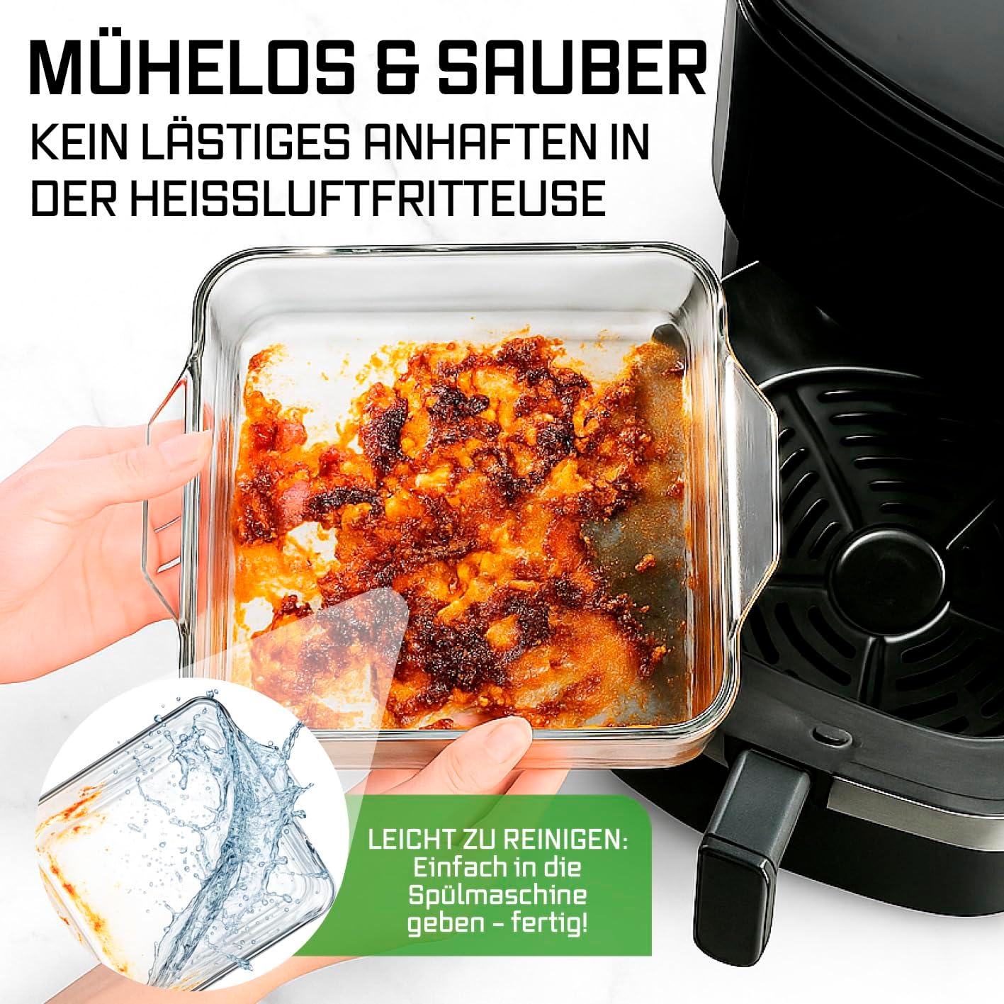 GOURMETmaxx Auflaufform Glas für Heißluftfritteuse & Ofen 2er-Set - 800 ml & 1500 ml | Backform rechteckig | kleine Schale - zubereiten, garen, servieren | Glasfform Airfryer für Überbackenes — Ansicht 4