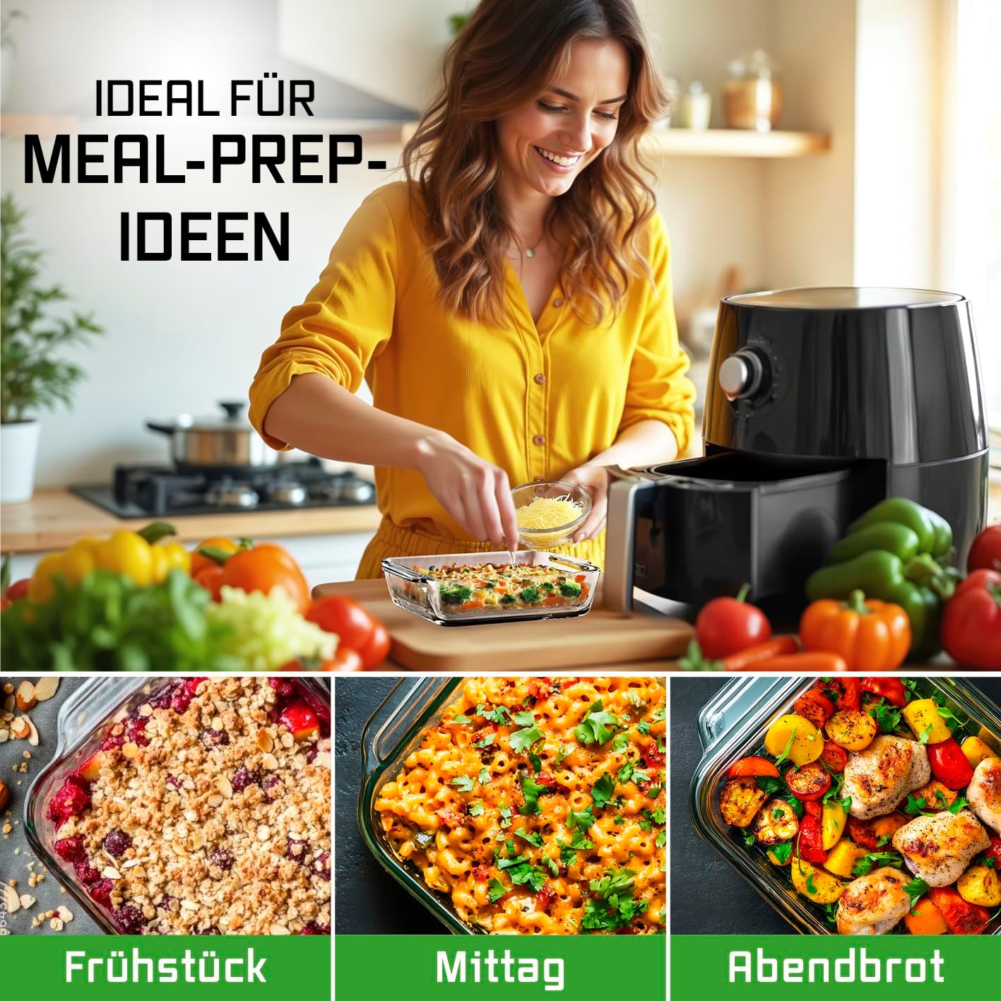 GOURMETmaxx Auflaufform Glas für Heißluftfritteuse & Ofen 2er-Set - 800 ml & 1500 ml | Backform rechteckig | kleine Schale - zubereiten, garen, servieren | Glasfform Airfryer für Überbackenes — Ansicht 5