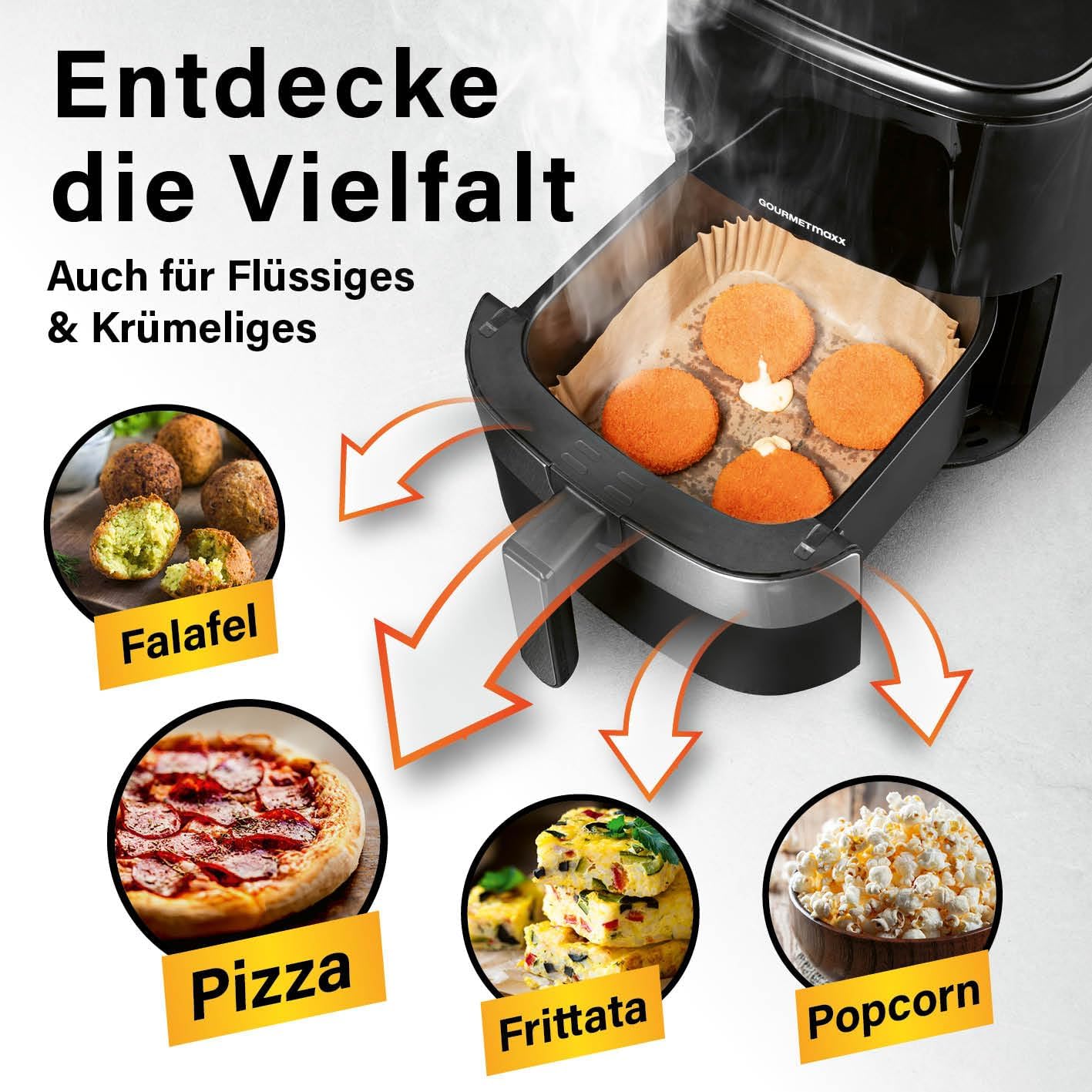 GOURMETmaxx Backpapier für Heißluftfritteuse 2 bis 5 Liter | Backpapierschale antihaftbeschichtet & ölbeständig | Airfryer Backpapier – flexible Form | 50 Stück – 16 x 16 x 4,5 cm — Ansicht 5