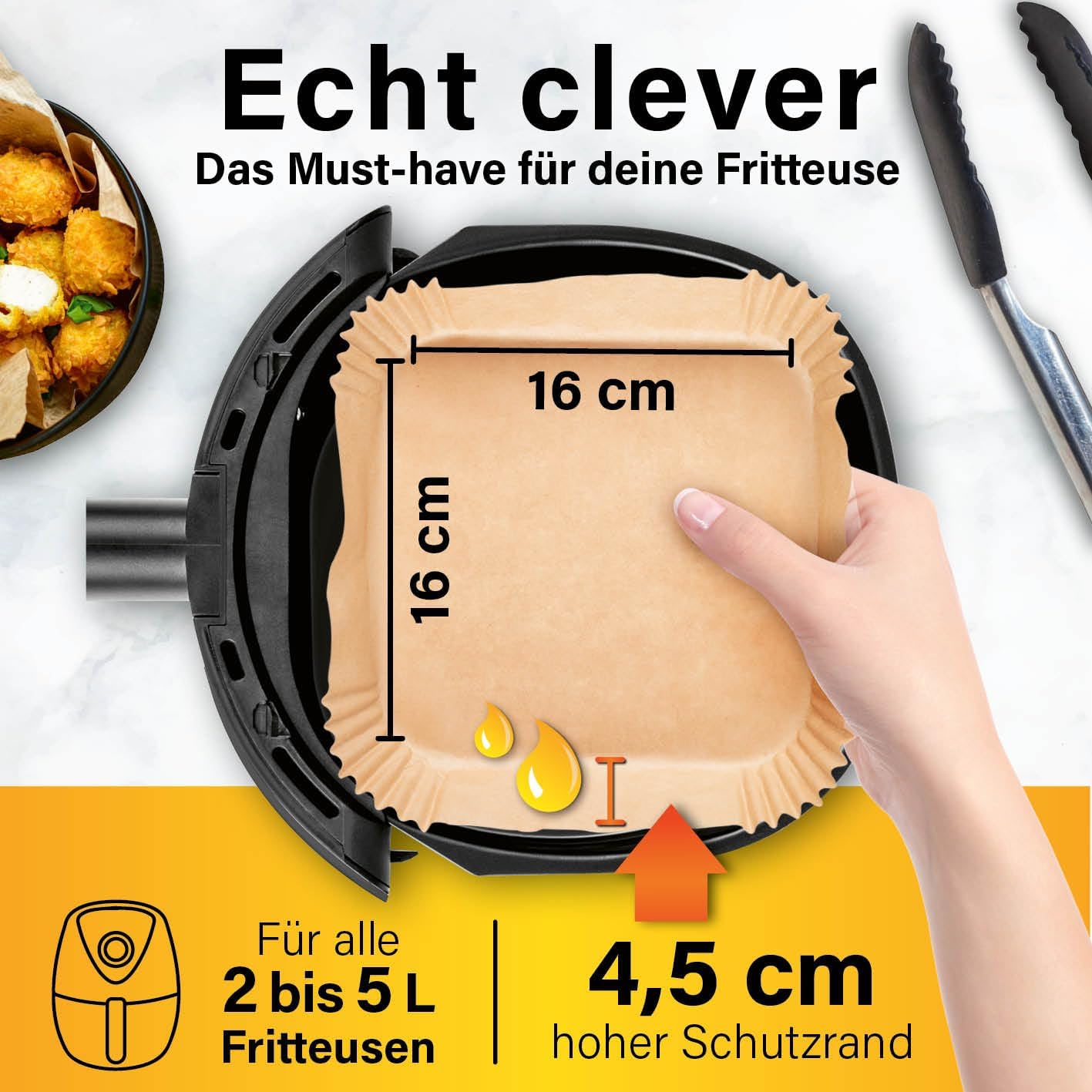 GOURMETmaxx Backpapier für Heißluftfritteuse 2 bis 5 Liter | Backpapierschale antihaftbeschichtet & ölbeständig | Airfryer Backpapier – flexible Form | 50 Stück – 16 x 16 x 4,5 cm — Ansicht 6