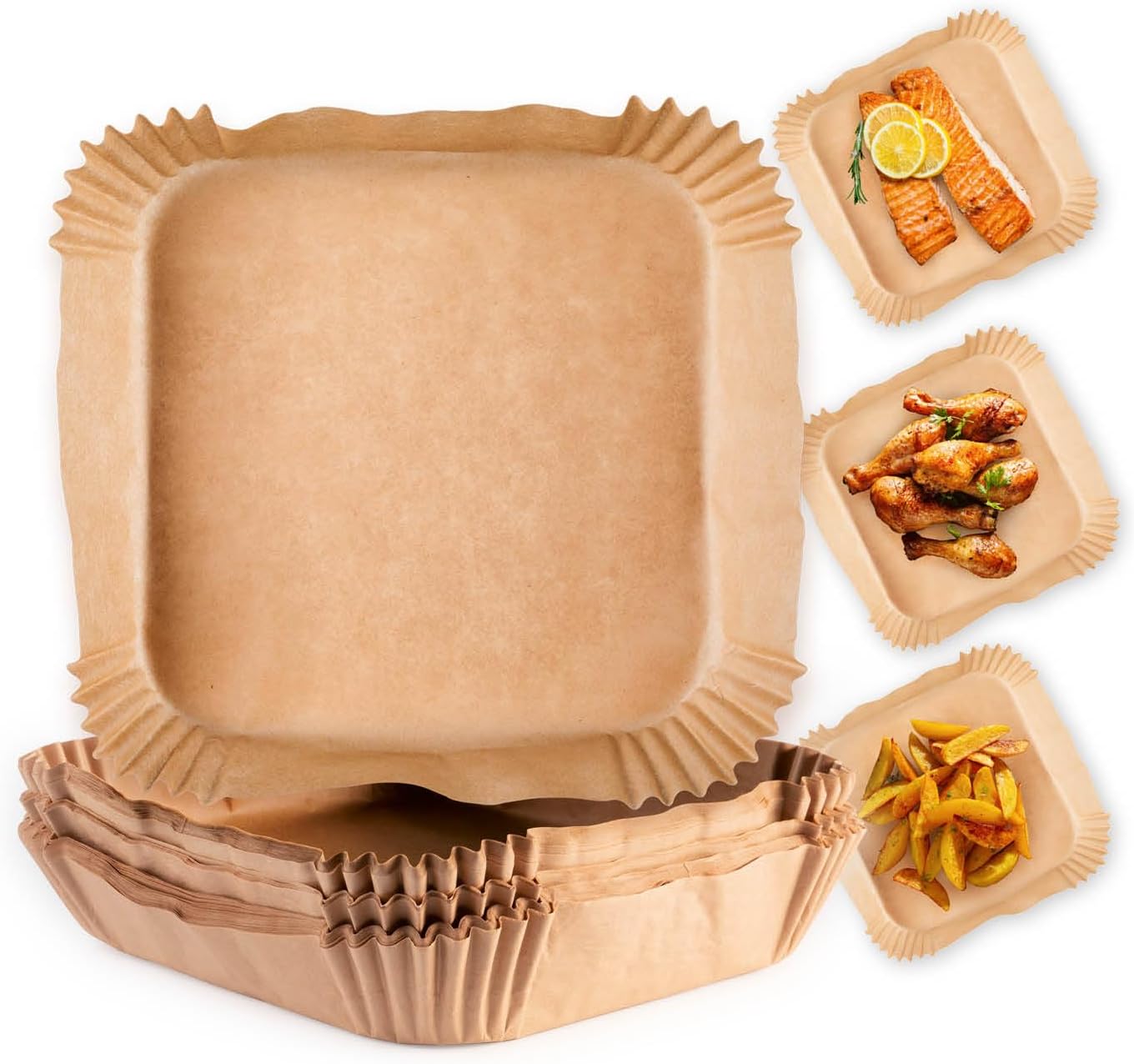 GOURMETmaxx Backpapier für Heißluftfritteuse 2 bis 5 Liter | Backpapierschale antihaftbeschichtet & ölbeständig | Airfryer Backpapier – flexible Form | 50 Stück – 16 x 16 x 4,5 cm