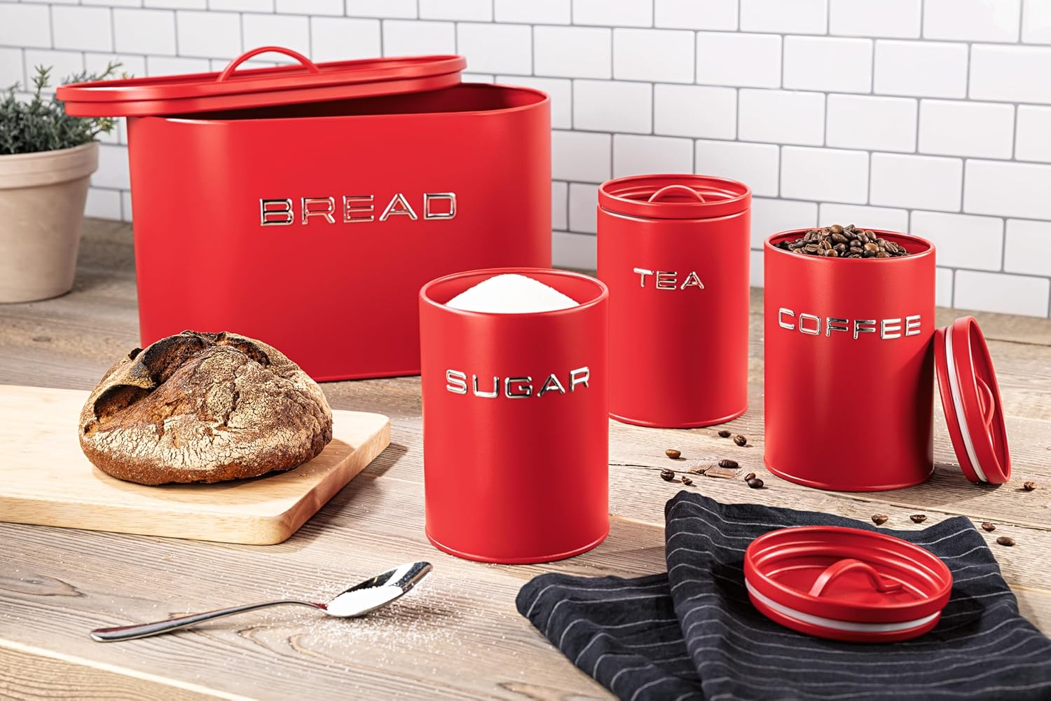 GOURMETmaxx Brotkasten inkl. Vorratsdosen-Set - 8-tlg. Set | Stilvolle & luftdichte Metalldosen mit Deckel und Beschriftungen für Brot, Kaffee, Tee & Zucker | Aromadicht für frische Lebensmittel — Ansicht 2