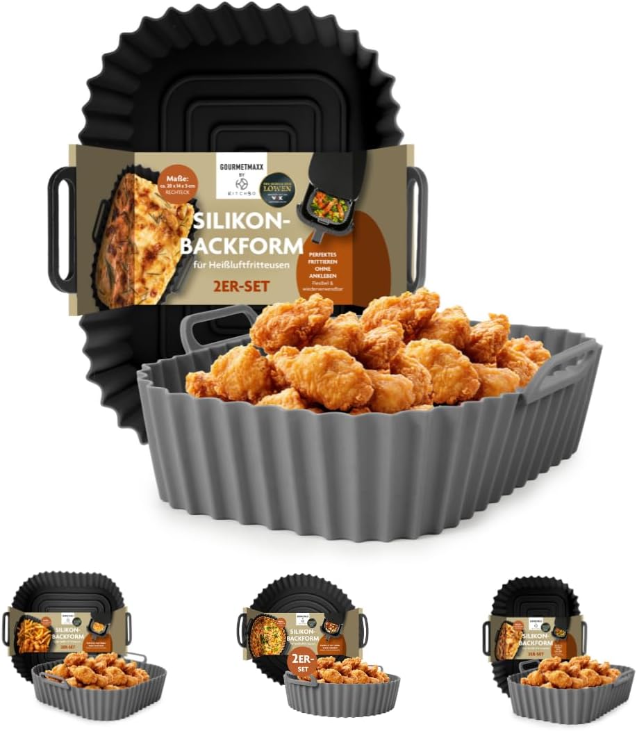 GOURMETmaxx BY KITCHBO Silikon-Backform 2er Set rechteckig 20x14cm, 5cm Höhe für fast alle Heissluft-Fritteusen ab 4 Liter | Perfektes Frittieren ohne Ankleben, wiederverwendbar, optimale Zirkulation