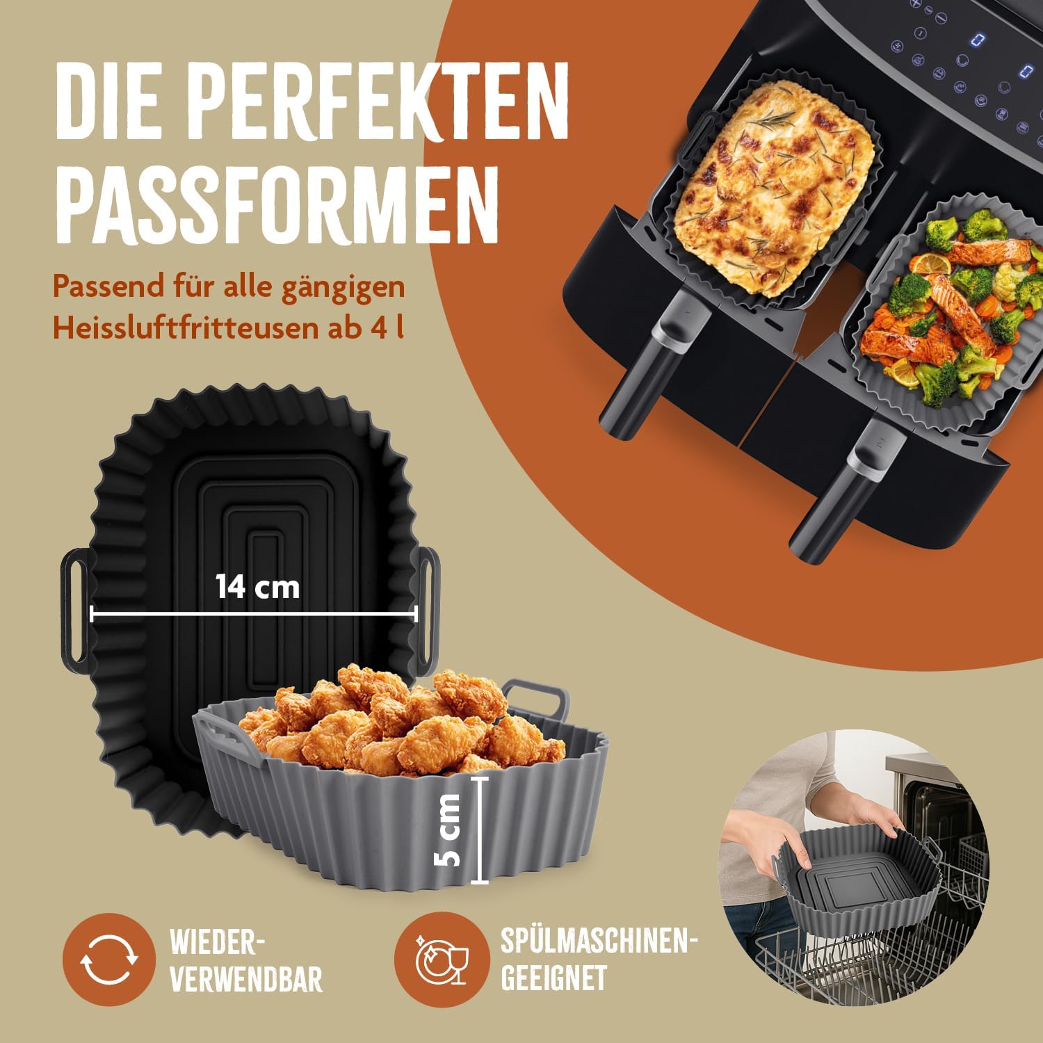 GOURMETmaxx BY KITCHBO Silikon-Backform 2er Set rechteckig 20x14cm, 5cm Höhe für fast alle Heissluft-Fritteusen ab 4 Liter | Perfektes Frittieren ohne Ankleben, wiederverwendbar, optimale Zirkulation — Ansicht 6
