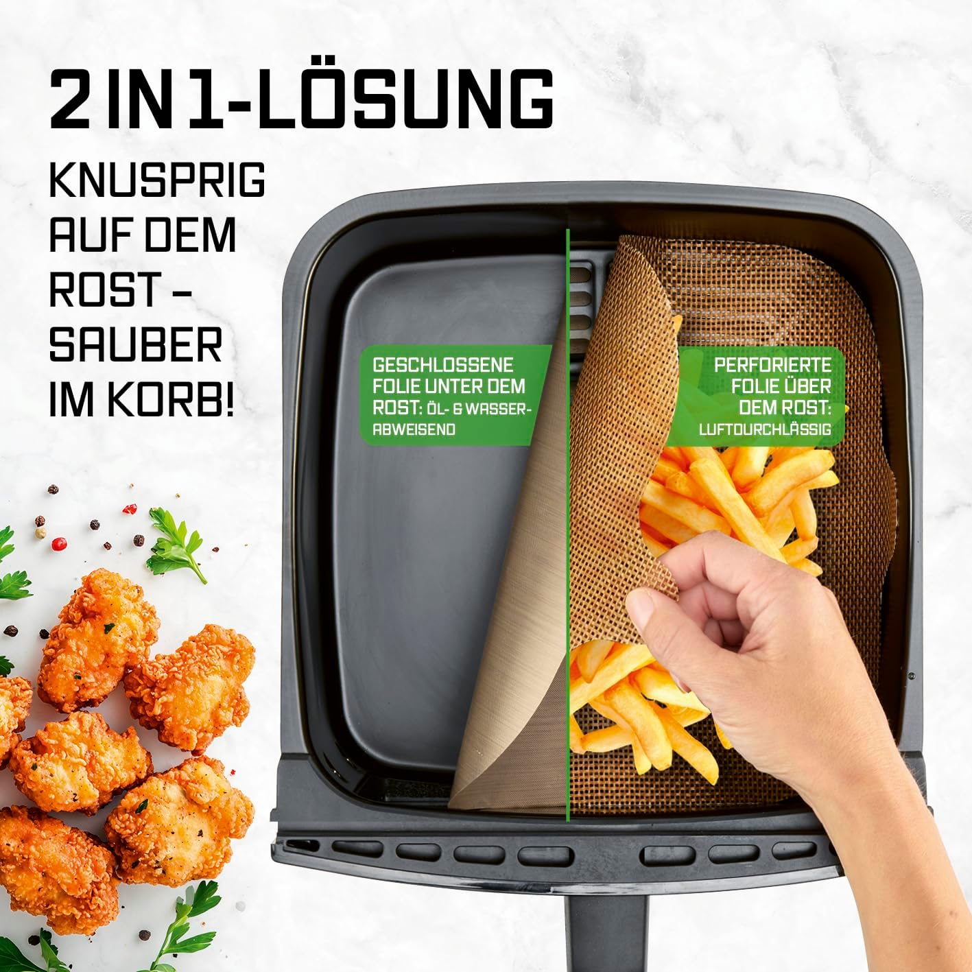 GOURMETmaxx Dauerbackfolie 2in1 für Heißluftfritteusen 4-tlg. | als Dauerbackpapier nutzbar | zuschneidbare Dauerbackmatte mit Laschen | spülmaschinenfest | auch für Unterhitze | 100x wiederverwendbar — Ansicht 2
