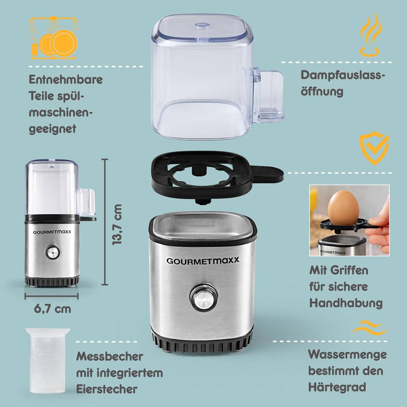 GOURMETmaxx Design Eierkocher für 1 Ei | kompakter Egg Boiler | Egg Cooker mit Eierstecher, Messbecher & Signalton | 3 Härtegrade | leichte Reinigung & spülmaschinenfeste Teile — Ansicht 2