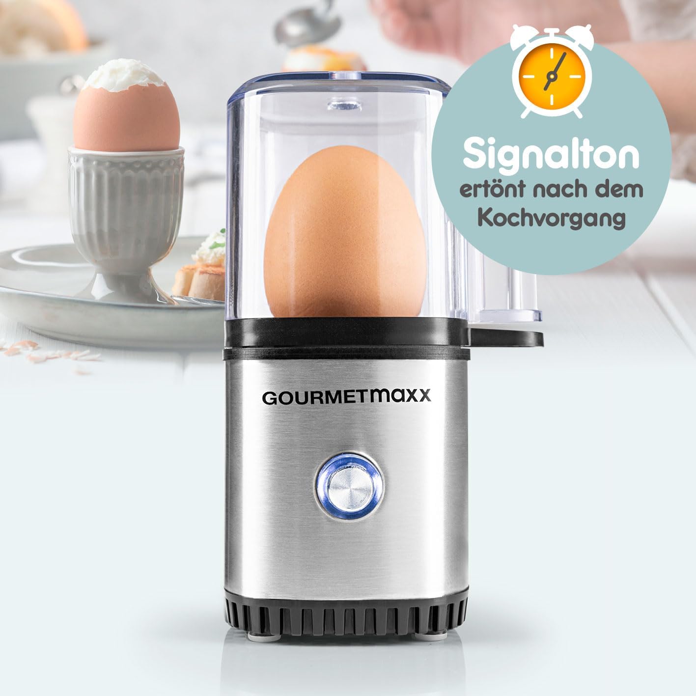 GOURMETmaxx Design Eierkocher für 1 Ei | kompakter Egg Boiler | Egg Cooker mit Eierstecher, Messbecher & Signalton | 3 Härtegrade | leichte Reinigung & spülmaschinenfeste Teile — Ansicht 3