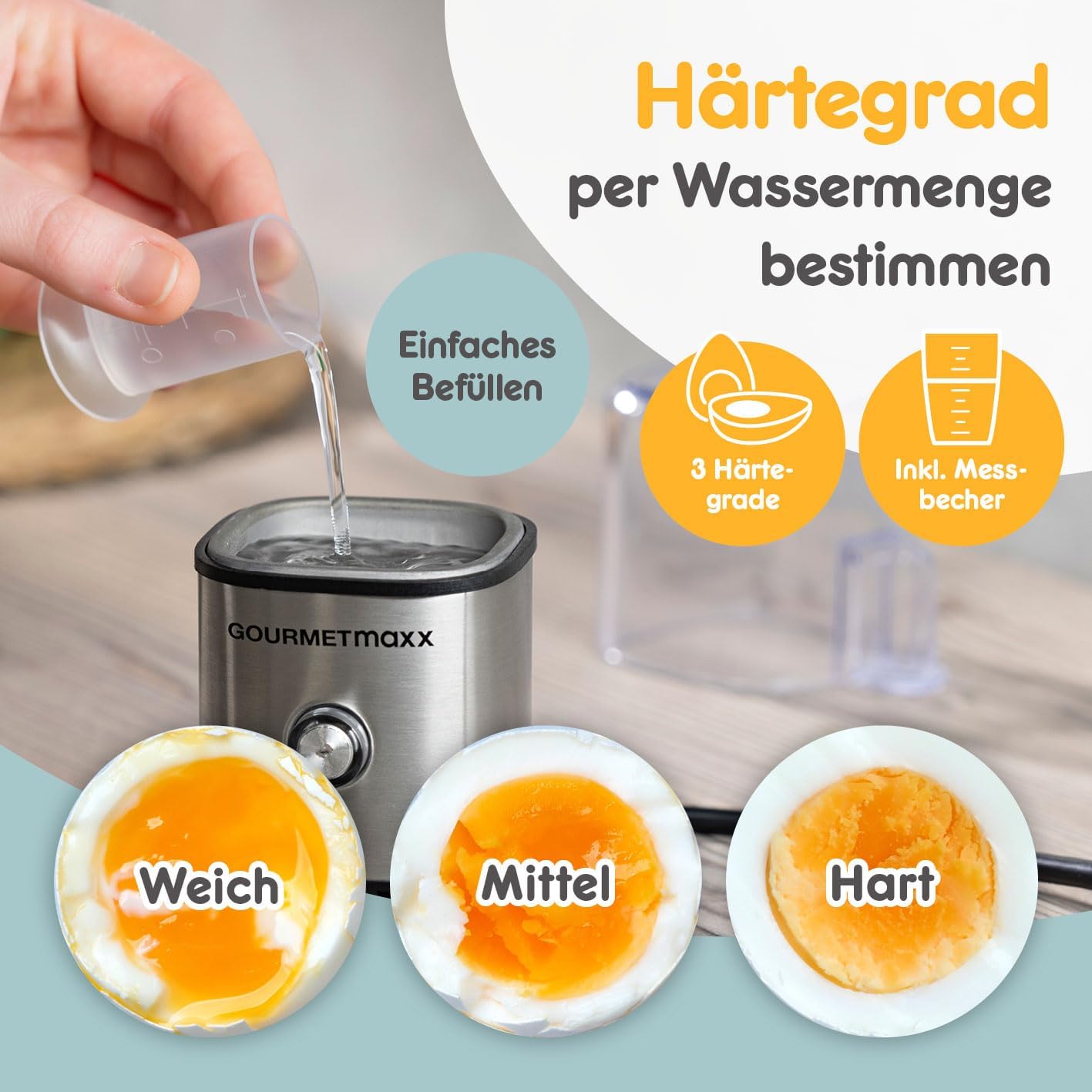 GOURMETmaxx Design Eierkocher für 1 Ei | kompakter Egg Boiler | Egg Cooker mit Eierstecher, Messbecher & Signalton | 3 Härtegrade | leichte Reinigung & spülmaschinenfeste Teile — Ansicht 4