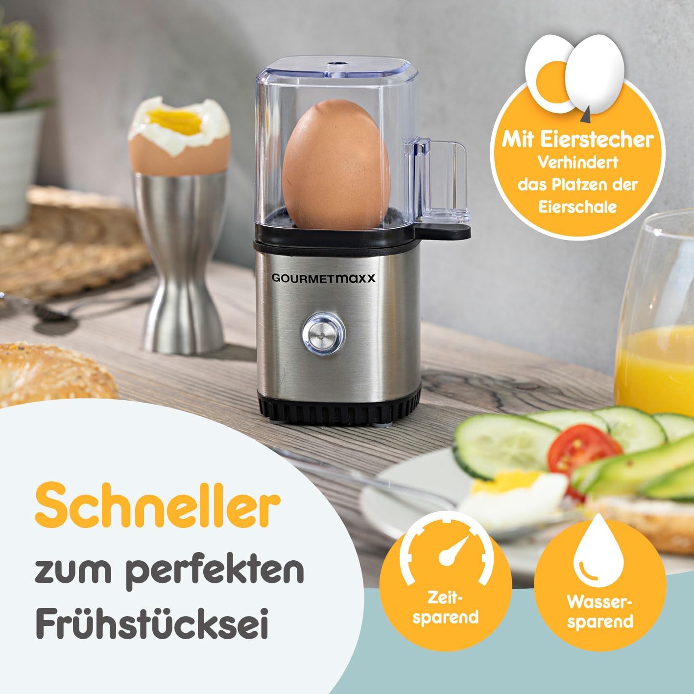 GOURMETmaxx Design Eierkocher für 1 Ei | kompakter Egg Boiler | Egg Cooker mit Eierstecher, Messbecher & Signalton | 3 Härtegrade | leichte Reinigung & spülmaschinenfeste Teile — Ansicht 5