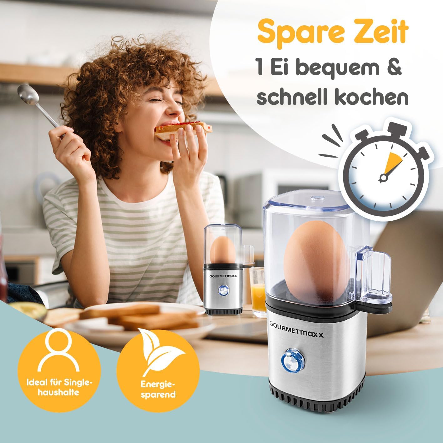 GOURMETmaxx Design Eierkocher für 1 Ei | kompakter Egg Boiler | Egg Cooker mit Eierstecher, Messbecher & Signalton | 3 Härtegrade | leichte Reinigung & spülmaschinenfeste Teile — Ansicht 6