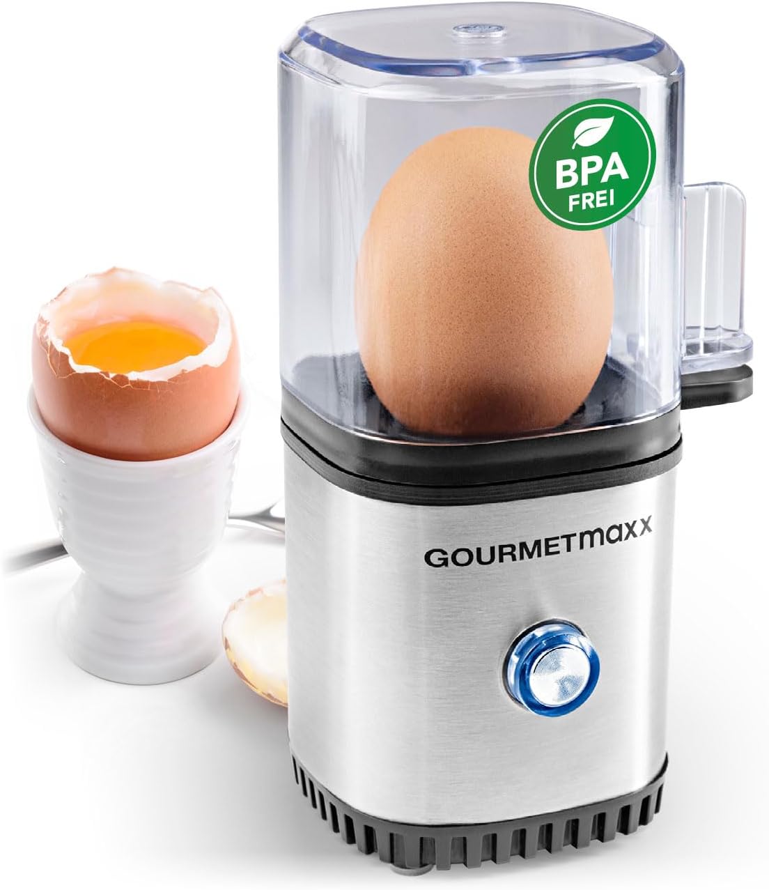 GOURMETmaxx Design Eierkocher für 1 Ei | kompakter Egg Boiler | Egg Cooker mit Eierstecher, Messbecher & Signalton | 3 Härtegrade | leichte Reinigung & spülmaschinenfeste Teile