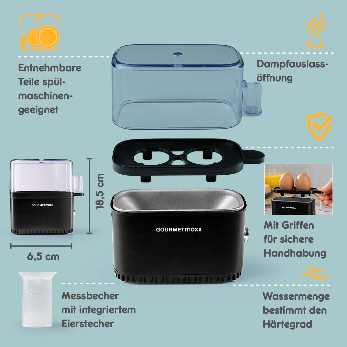 GOURMETmaxx Design Eierkocher für 2 Eier | kompakter Egg Boiler | Egg Cooker mit Eierstecher, Messbecher & Signalton | 3 Härtegrade | leichte Reinigung & spülmaschinenfeste Teile — Ansicht 2