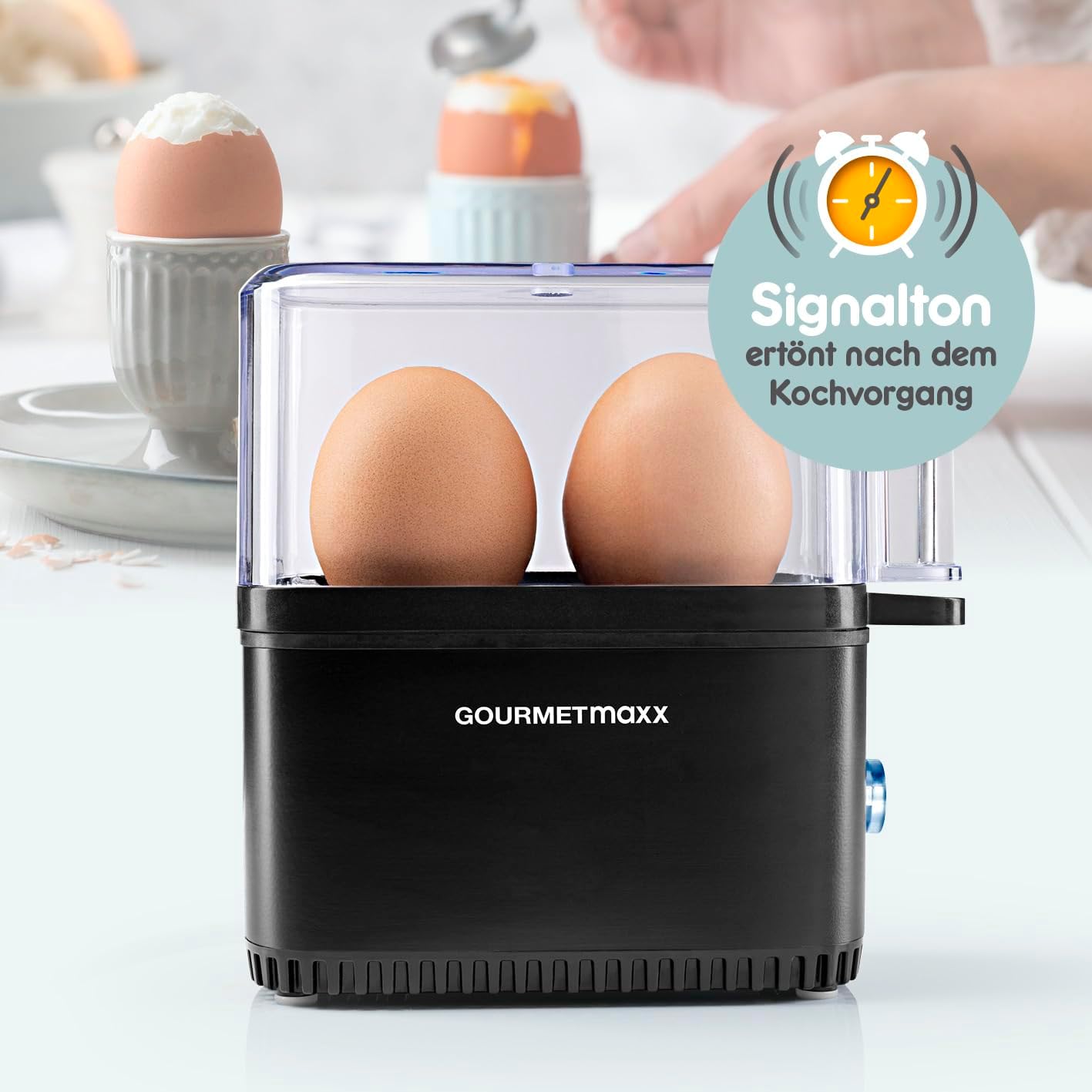GOURMETmaxx Design Eierkocher für 2 Eier | kompakter Egg Boiler | Egg Cooker mit Eierstecher, Messbecher & Signalton | 3 Härtegrade | leichte Reinigung & spülmaschinenfeste Teile — Ansicht 3