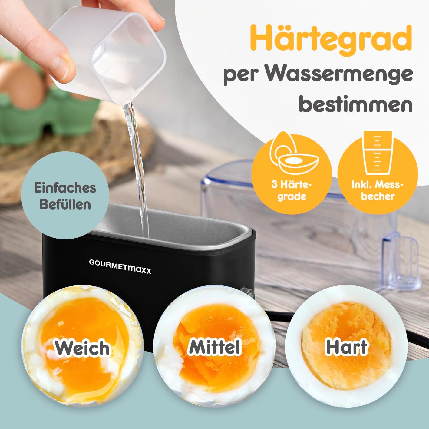 GOURMETmaxx Design Eierkocher für 2 Eier | kompakter Egg Boiler | Egg Cooker mit Eierstecher, Messbecher & Signalton | 3 Härtegrade | leichte Reinigung & spülmaschinenfeste Teile — Ansicht 4