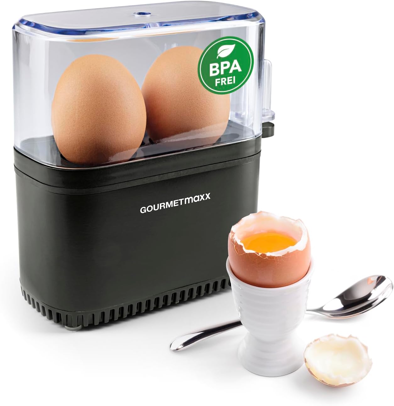 GOURMETmaxx Design Eierkocher für 2 Eier | kompakter Egg Boiler | Egg Cooker mit Eierstecher, Messbecher & Signalton | 3 Härtegrade | leichte Reinigung & spülmaschinenfeste Teile