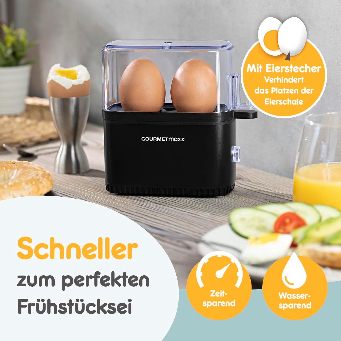 GOURMETmaxx Design Eierkocher für 2 Eier | kompakter Egg Boiler | Egg Cooker mit Eierstecher, Messbecher & Signalton | 3 Härtegrade | leichte Reinigung & spülmaschinenfeste Teile — Ansicht 5