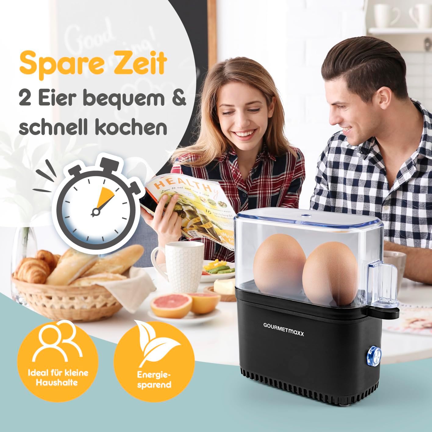 GOURMETmaxx Design Eierkocher für 2 Eier | kompakter Egg Boiler | Egg Cooker mit Eierstecher, Messbecher & Signalton | 3 Härtegrade | leichte Reinigung & spülmaschinenfeste Teile — Ansicht 6