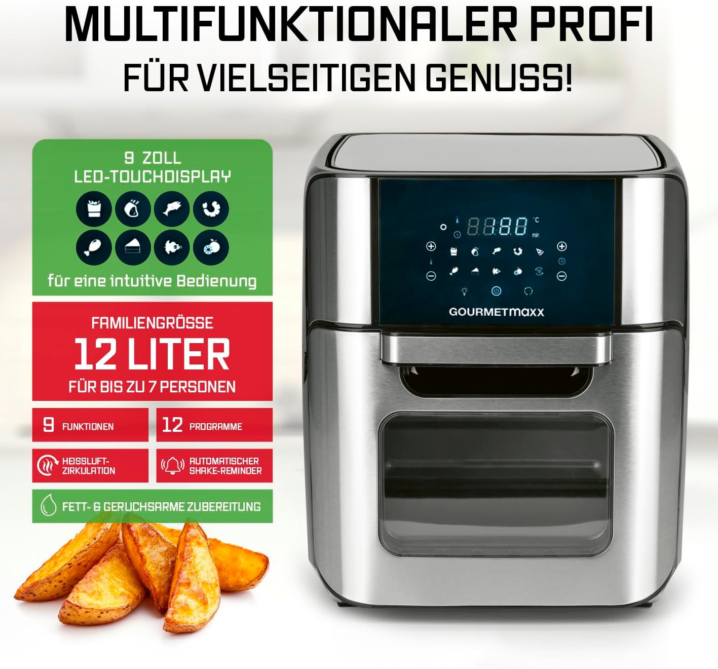 GOURMETmaxx Digitale Heißluftfritteuse 12 L, XXL-Edelstahl-Ofen | Airfryer + Timer, Touchdisplay, Drehspieß | fettarm, energiesparend frittieren | 10 Programme inkl. Pizza | 1800 W — Ansicht 3