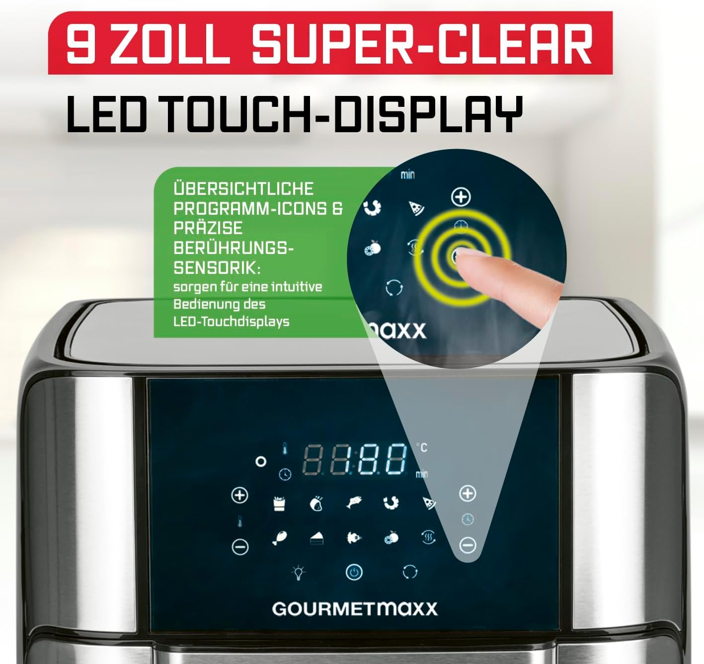 GOURMETmaxx Digitale Heißluftfritteuse 12 L, XXL-Edelstahl-Ofen | Airfryer + Timer, Touchdisplay, Drehspieß | fettarm, energiesparend frittieren | 10 Programme inkl. Pizza | 1800 W — Ansicht 4