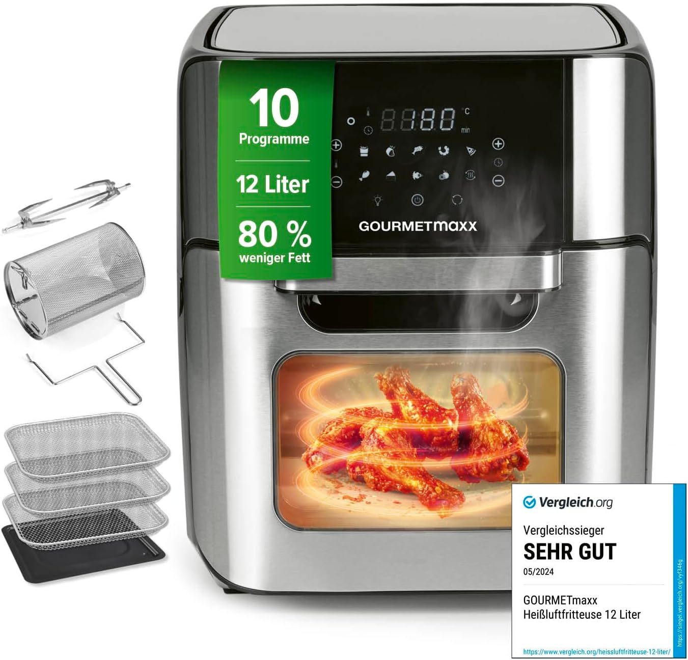 GOURMETmaxx Digitale Heißluftfritteuse 12 L, XXL-Edelstahl-Ofen | Airfryer + Timer, Touchdisplay, Drehspieß | fettarm, energiesparend frittieren | 10 Programme inkl. Pizza | 1800 W