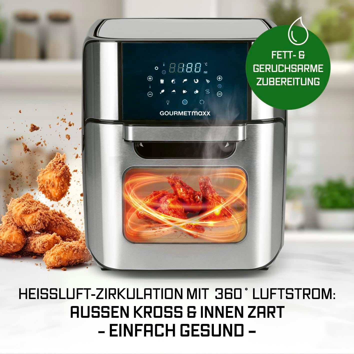 GOURMETmaxx Digitale Heißluftfritteuse 12 L, XXL-Edelstahl-Ofen | Airfryer + Timer, Touchdisplay, Drehspieß | fettarm, energiesparend frittieren | 10 Programme inkl. Pizza | 1800 W — Ansicht 6