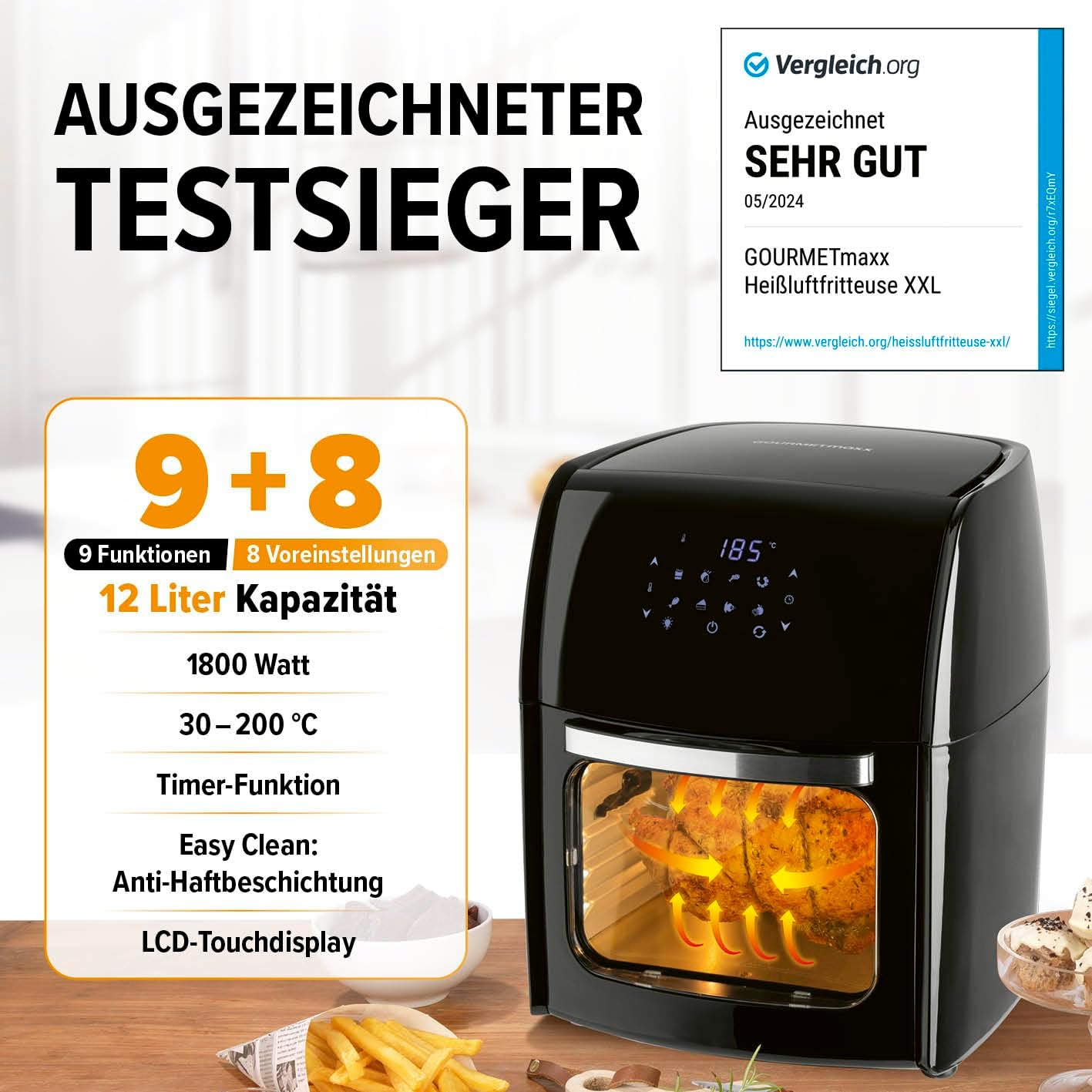 GOURMETmaxx Digitale Heißluftfritteuse 12L XXL-Ofen | Airfryer mit Timerfunktion, Touchdisplay, Drehspieß & Backgitter | fettarm, energiesparend frittieren | 8 Programme, 1800 W — Ansicht 2