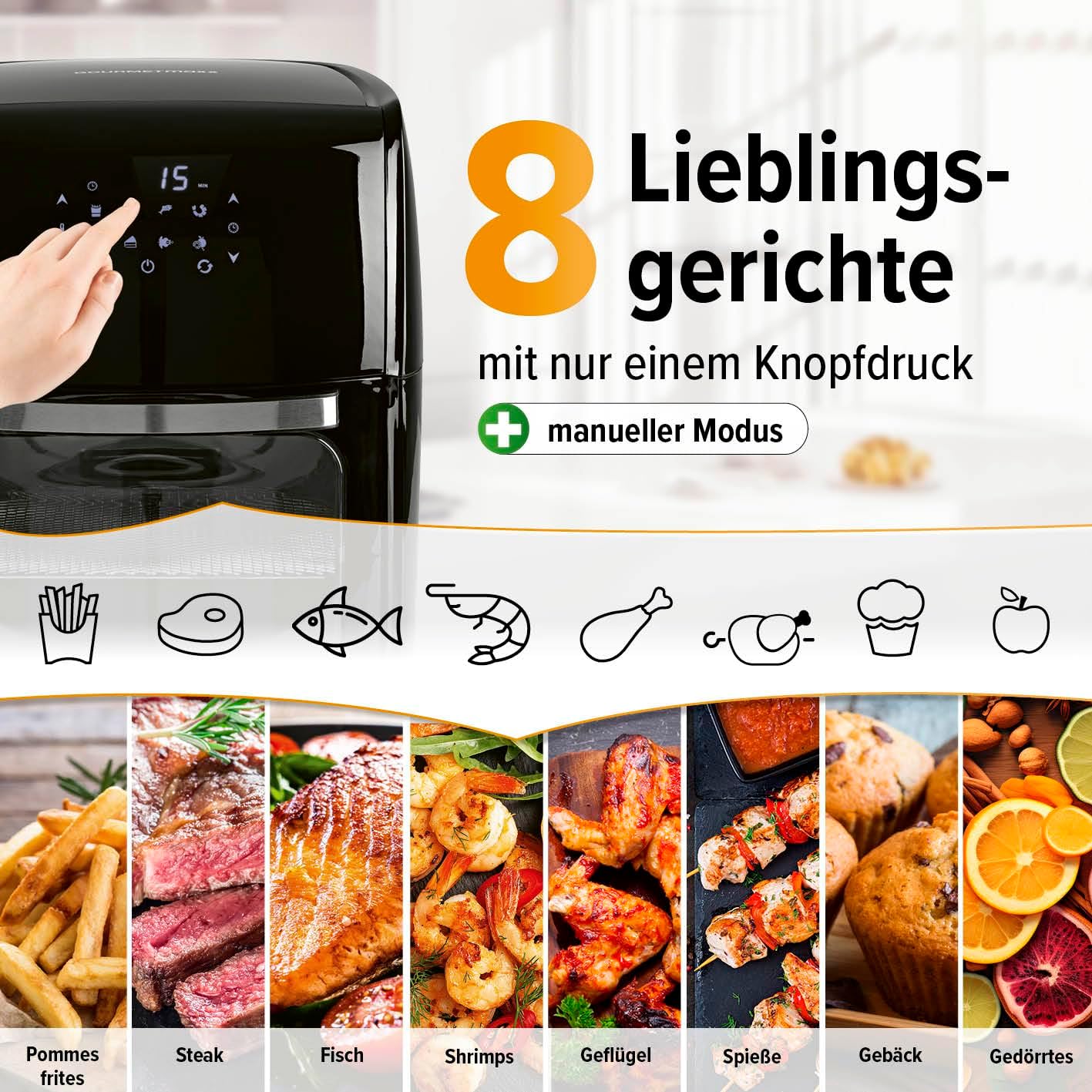 GOURMETmaxx Digitale Heißluftfritteuse 12L XXL-Ofen | Airfryer mit Timerfunktion, Touchdisplay, Drehspieß & Backgitter | fettarm, energiesparend frittieren | 8 Programme, 1800 W — Ansicht 3