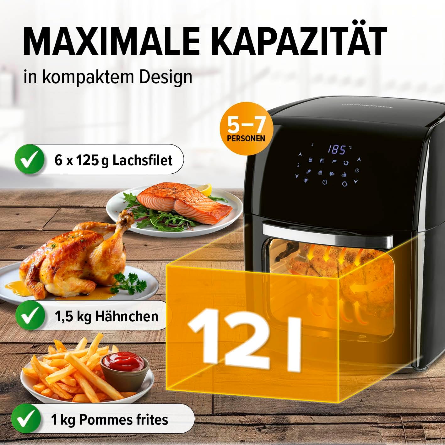 GOURMETmaxx Digitale Heißluftfritteuse 12L XXL-Ofen | Airfryer mit Timerfunktion, Touchdisplay, Drehspieß & Backgitter | fettarm, energiesparend frittieren | 8 Programme, 1800 W — Ansicht 4