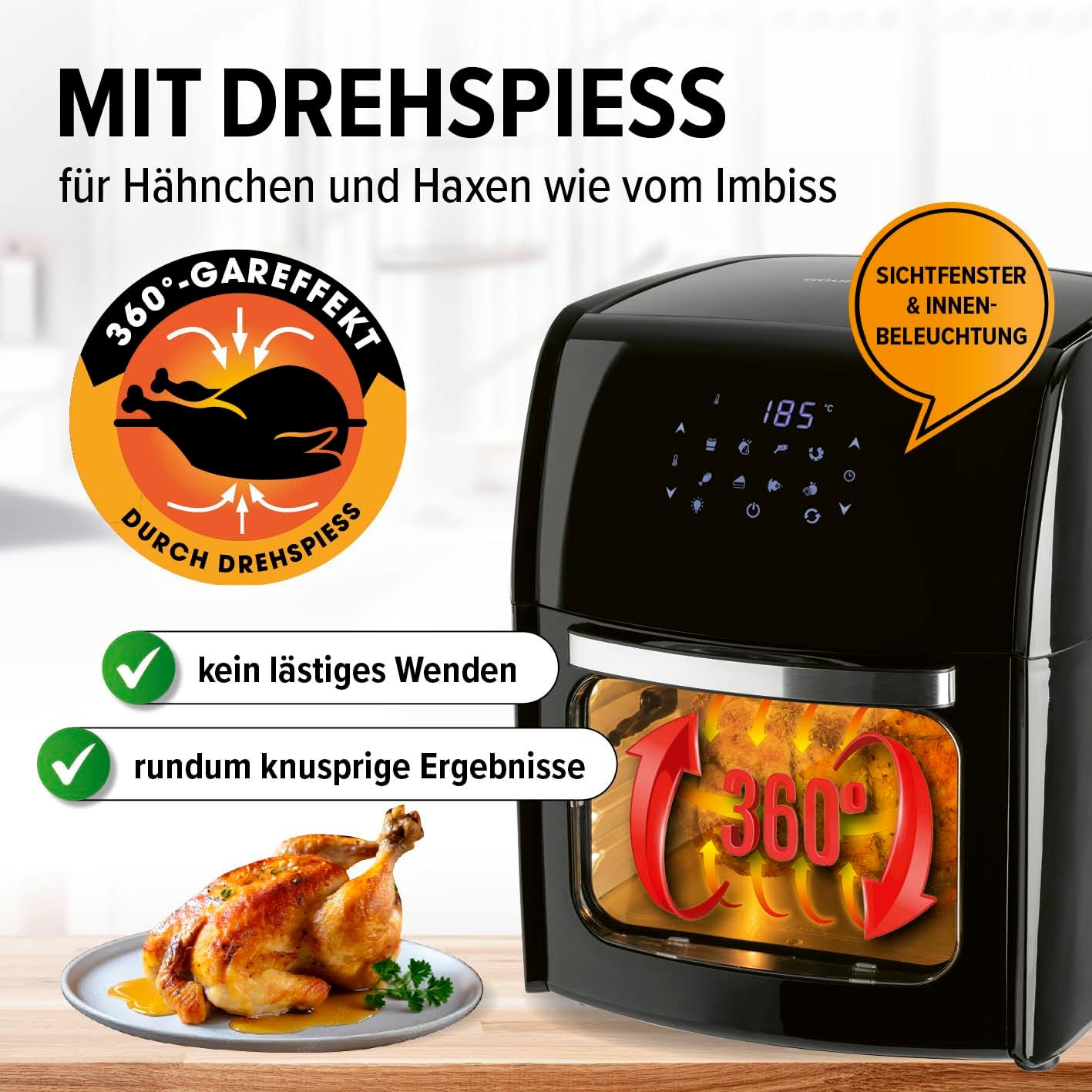 GOURMETmaxx Digitale Heißluftfritteuse 12L XXL-Ofen | Airfryer mit Timerfunktion, Touchdisplay, Drehspieß & Backgitter | fettarm, energiesparend frittieren | 8 Programme, 1800 W — Ansicht 6