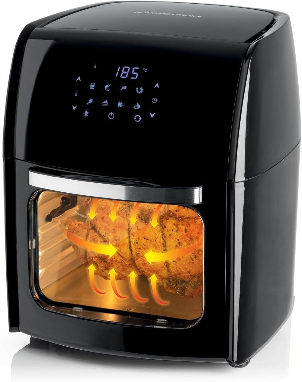 GOURMETmaxx Digitale Heißluftfritteuse 12L XXL-Ofen | Airfryer mit Timerfunktion, Touchdisplay, Drehspieß & Backgitter | fettarm, energiesparend frittieren | 8 Programme, 1800 W