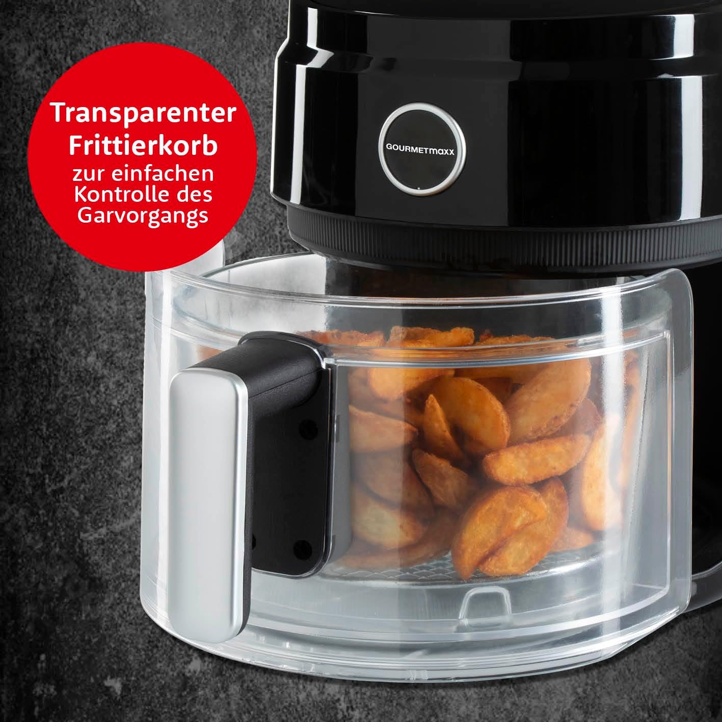 GOURMETmaxx Digitale Heißluftfritteuse 3,3 Liter | AirFryer mit Glas-Korb für ideale Sichtkontrolle | Fettfreies Frittieren mit Timerfunktion für punktgenaues Garen | 1400 W [schwarz/transparent] — Ansicht 2