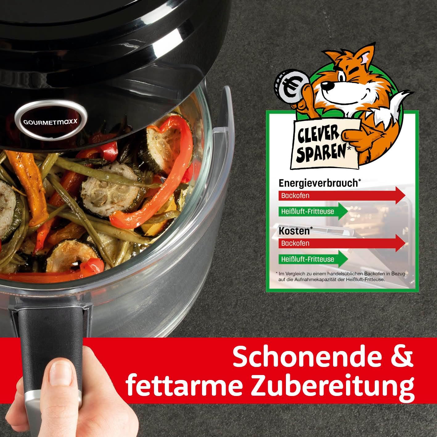 GOURMETmaxx Digitale Heißluftfritteuse 3,3 Liter | AirFryer mit Glas-Korb für ideale Sichtkontrolle | Fettfreies Frittieren mit Timerfunktion für punktgenaues Garen | 1400 W [schwarz/transparent] — Ansicht 3