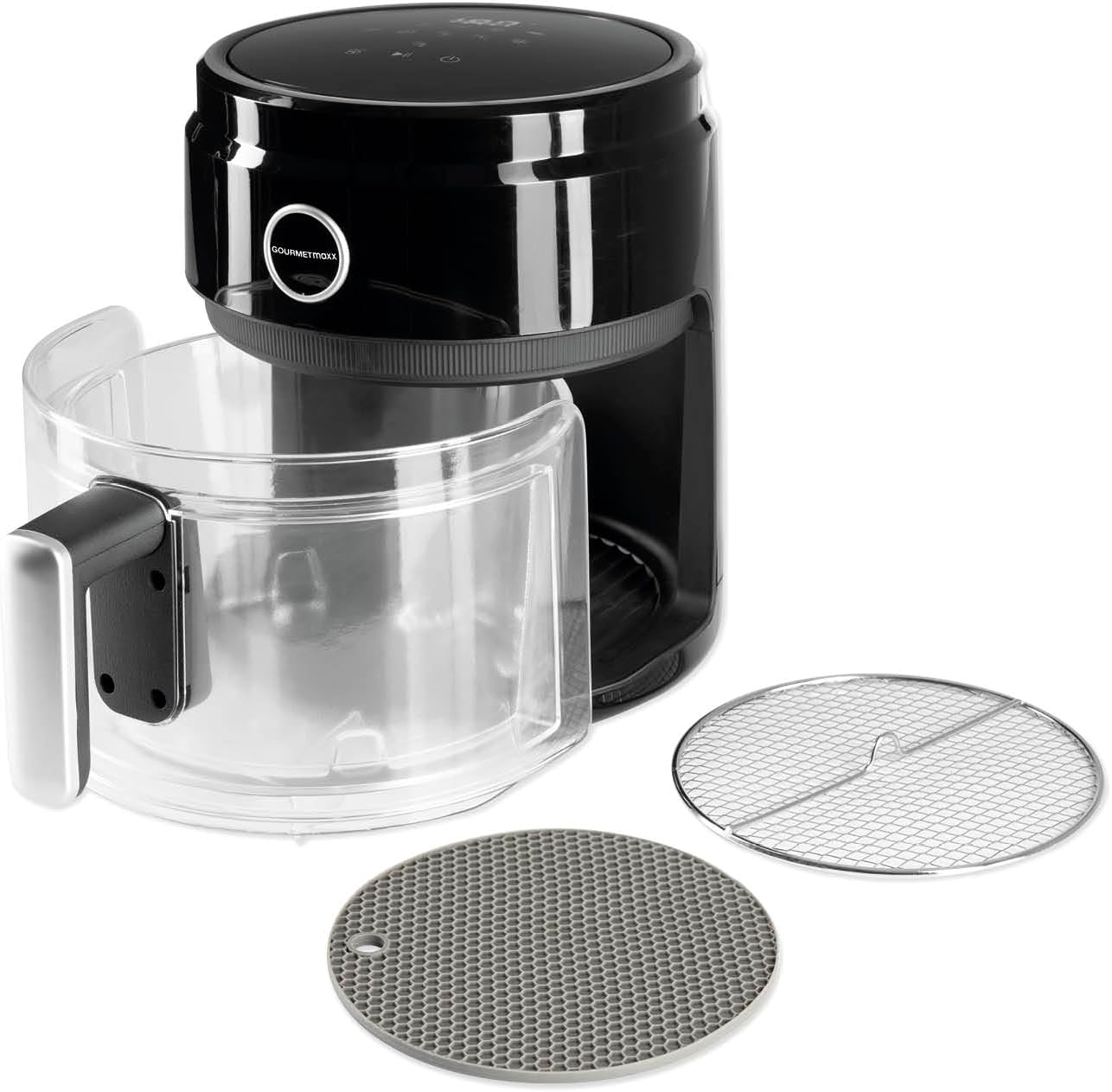GOURMETmaxx Digitale Heißluftfritteuse 3,3 Liter | AirFryer mit Glas-Korb für ideale Sichtkontrolle | Fettfreies Frittieren mit Timerfunktion für punktgenaues Garen | 1400 W [schwarz/transparent]