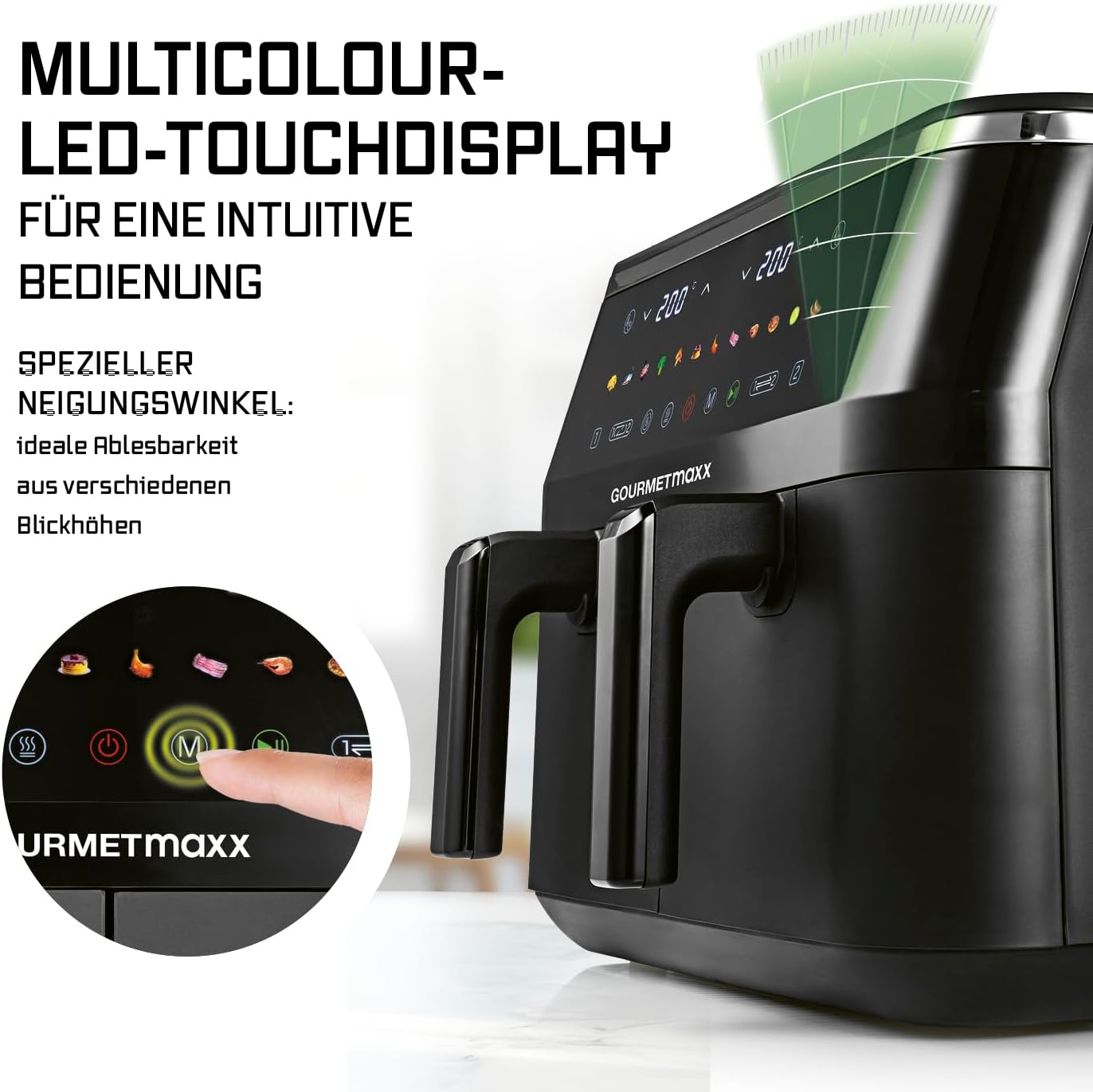 GOURMETmaxx Doppelkammer Heißluftfritteuse - 2 x 4,5 L | Synchro-Garzonen Airfryer | Fritteuse mit LED-Touchscreen, Farb-Icons | Heißluftfritteuse 2 Kammern mit 12 Programmen | fast ohne Öl frittieren — Ansicht 2