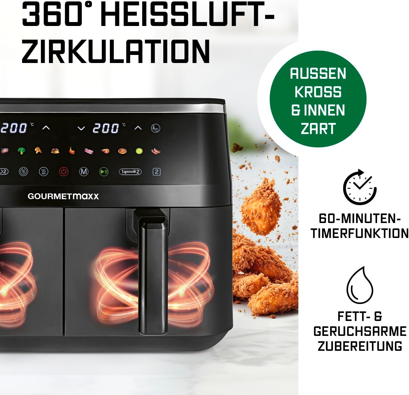 GOURMETmaxx Doppelkammer Heißluftfritteuse - 2 x 4,5 L | Synchro-Garzonen Airfryer | Fritteuse mit LED-Touchscreen, Farb-Icons | Heißluftfritteuse 2 Kammern mit 12 Programmen | fast ohne Öl frittieren — Ansicht 3