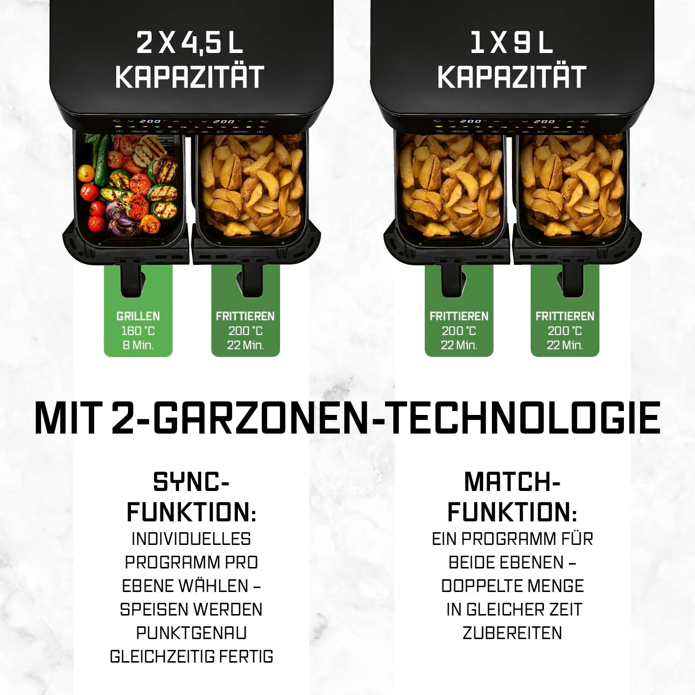 GOURMETmaxx Doppelkammer Heißluftfritteuse - 2 x 4,5 L | Synchro-Garzonen Airfryer | Fritteuse mit LED-Touchscreen, Farb-Icons | Heißluftfritteuse 2 Kammern mit 12 Programmen | fast ohne Öl frittieren — Ansicht 4