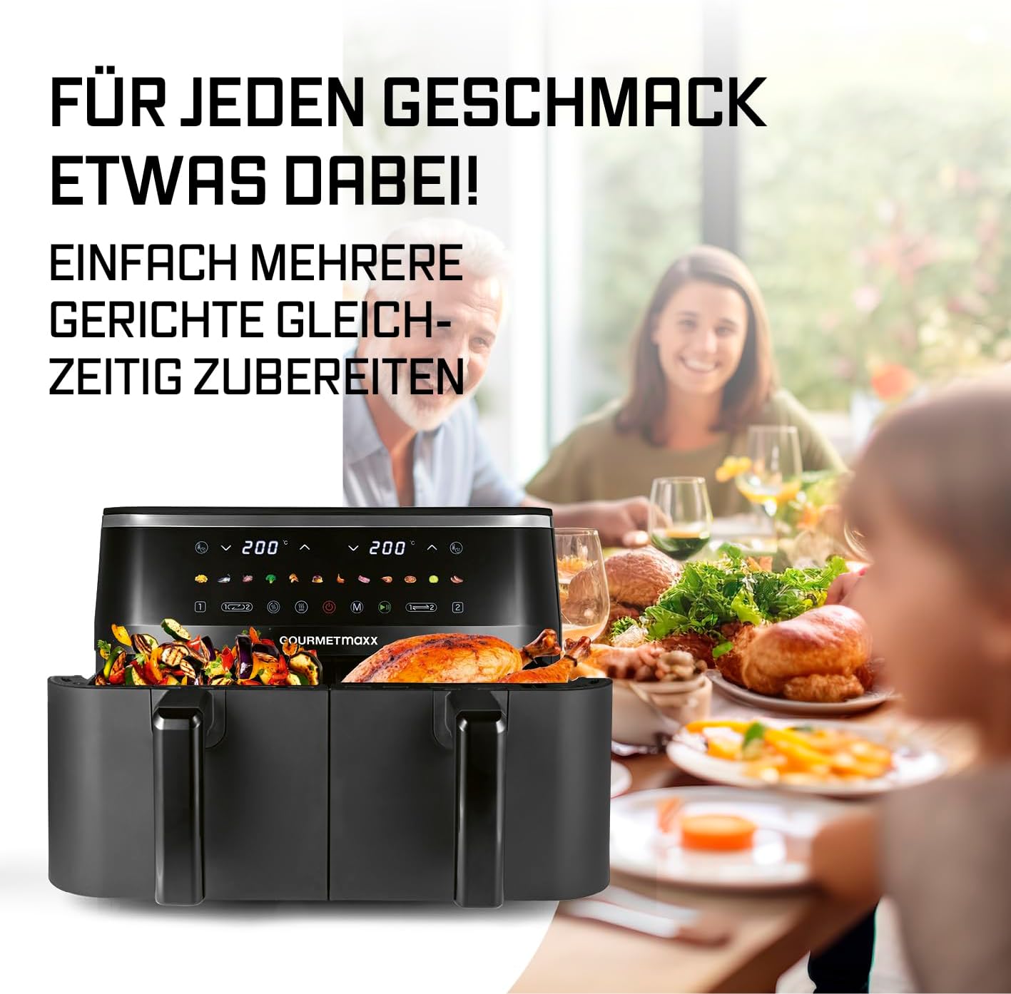 GOURMETmaxx Doppelkammer Heißluftfritteuse - 2 x 4,5 L | Synchro-Garzonen Airfryer | Fritteuse mit LED-Touchscreen, Farb-Icons | Heißluftfritteuse 2 Kammern mit 12 Programmen | fast ohne Öl frittieren — Ansicht 5