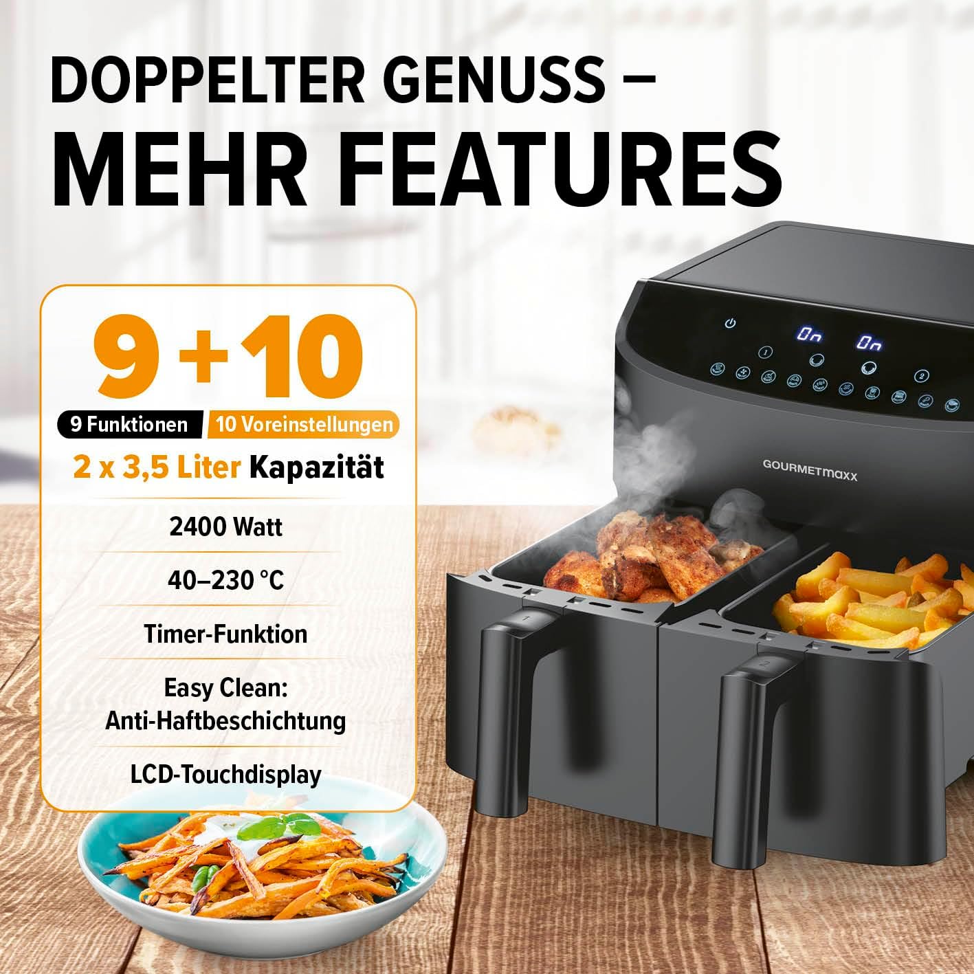 GOURMETmaxx Doppelkammer-Heißluftfritteuse 2x 3,5L - Schwarz | Airfryer + synchronisierte Garzonen, Timerfunktion & Touchdisplay | energiesparend frittieren | 10 Programme | 2400 W — Ansicht 2