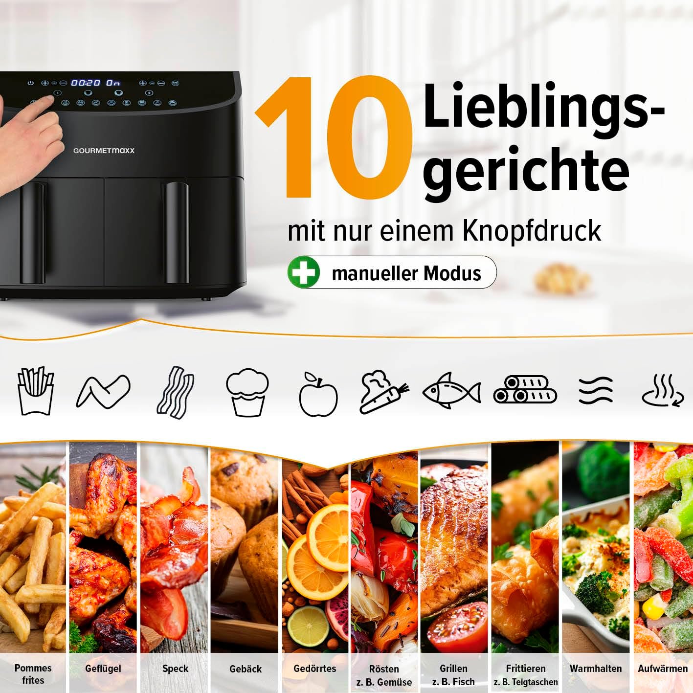 GOURMETmaxx Doppelkammer-Heißluftfritteuse 2x 3,5L - Schwarz | Airfryer + synchronisierte Garzonen, Timerfunktion & Touchdisplay | energiesparend frittieren | 10 Programme | 2400 W — Ansicht 3