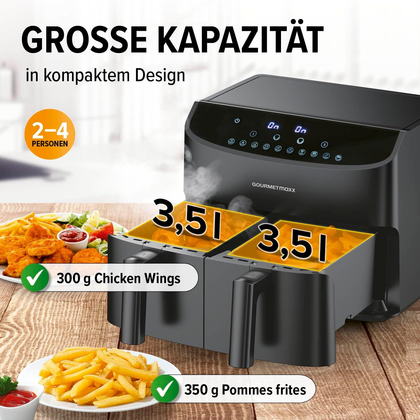 GOURMETmaxx Doppelkammer-Heißluftfritteuse 2x 3,5L - Schwarz | Airfryer + synchronisierte Garzonen, Timerfunktion & Touchdisplay | energiesparend frittieren | 10 Programme | 2400 W — Ansicht 4