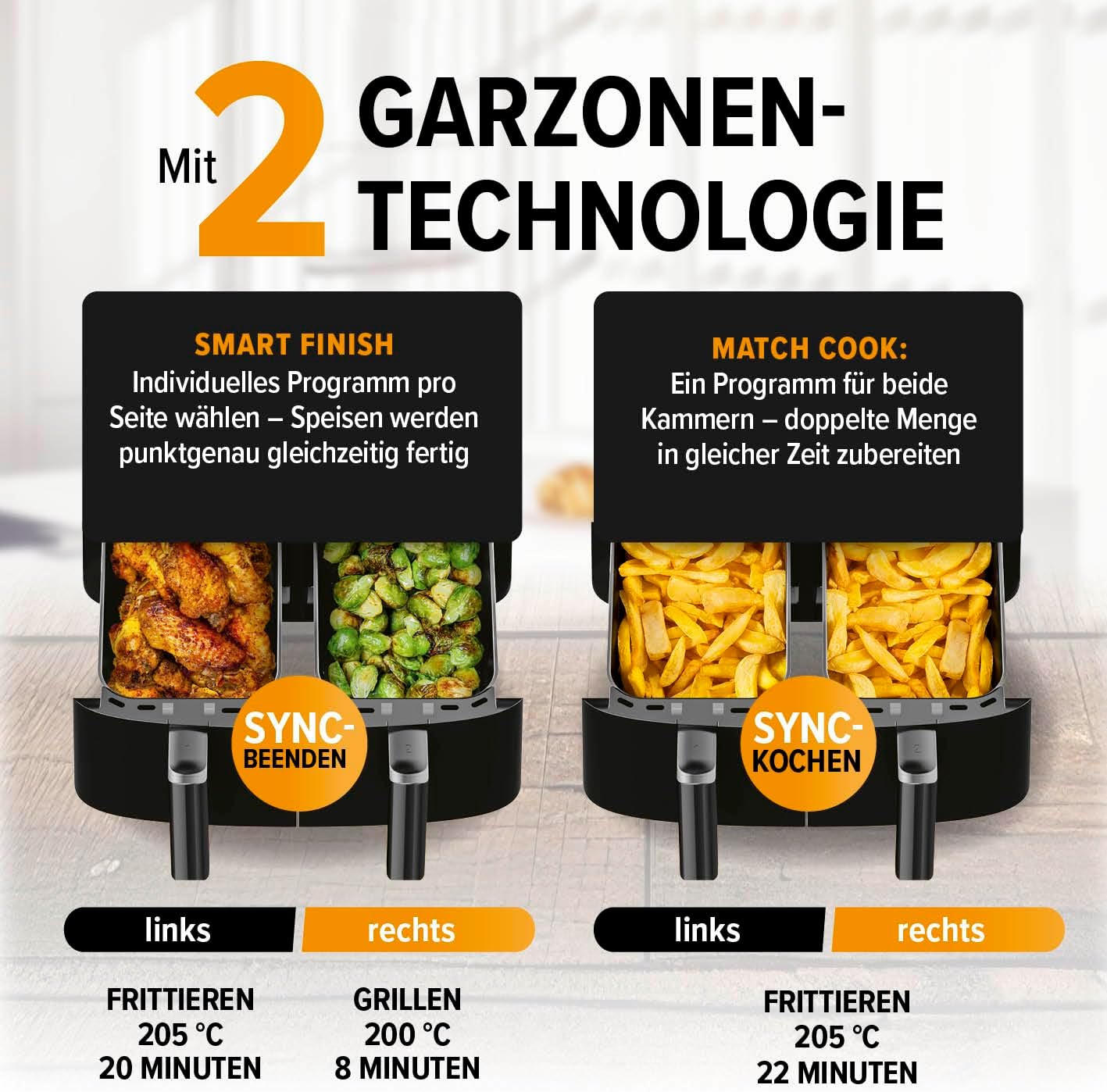 GOURMETmaxx Doppelkammer-Heißluftfritteuse 2x 3,5L - Schwarz | Airfryer + synchronisierte Garzonen, Timerfunktion & Touchdisplay | energiesparend frittieren | 10 Programme | 2400 W — Ansicht 5