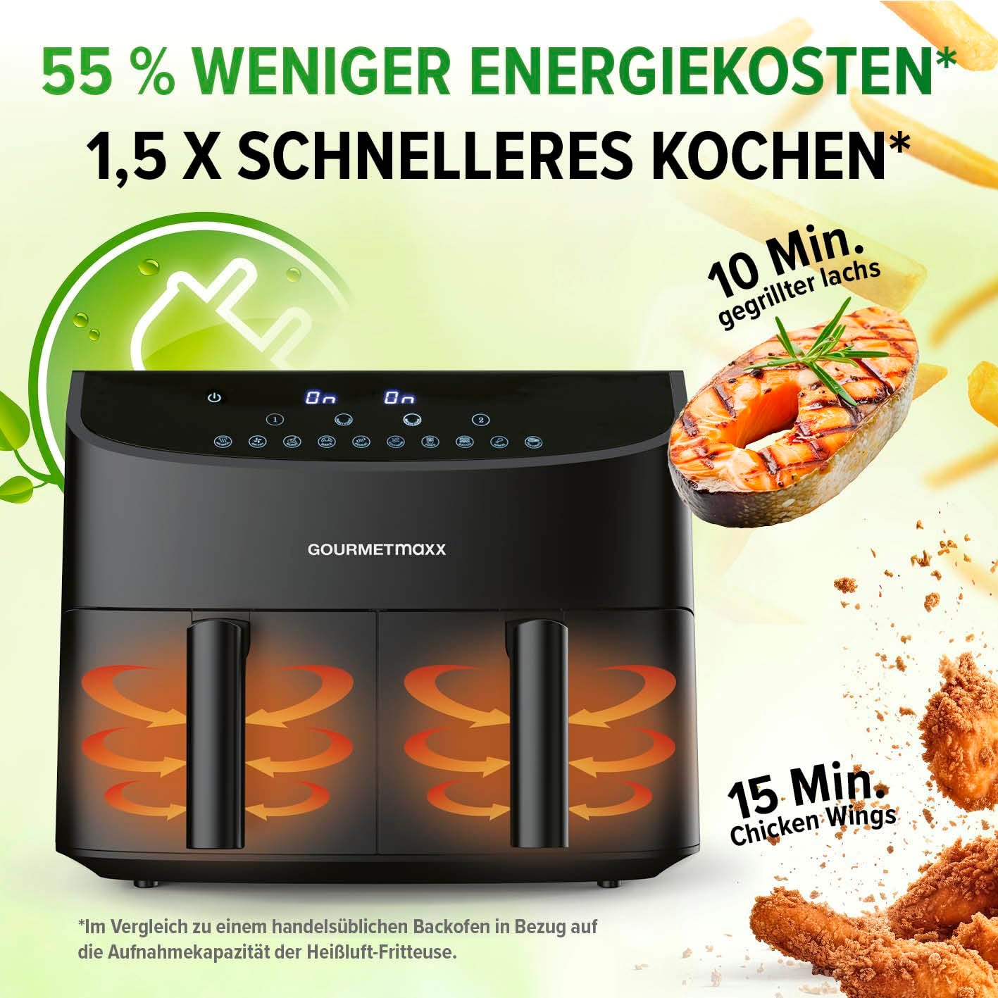 GOURMETmaxx Doppelkammer-Heißluftfritteuse 2x 3,5L - Schwarz | Airfryer + synchronisierte Garzonen, Timerfunktion & Touchdisplay | energiesparend frittieren | 10 Programme | 2400 W — Ansicht 6