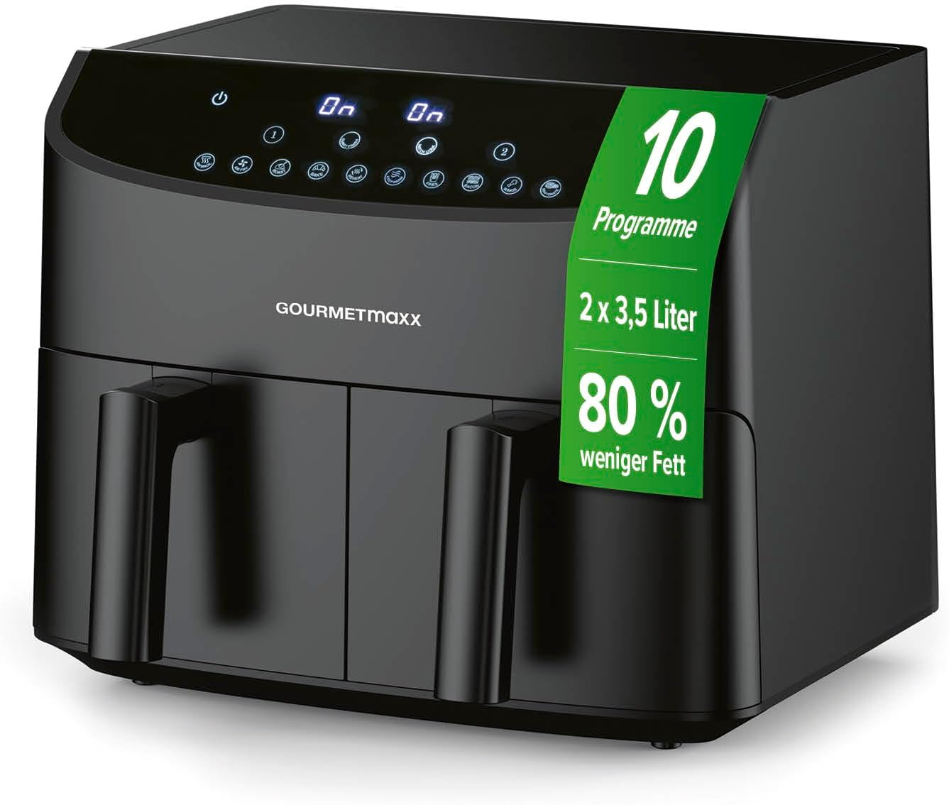 GOURMETmaxx Doppelkammer-Heißluftfritteuse 2x 3,5L - Schwarz | Airfryer + synchronisierte Garzonen, Timerfunktion & Touchdisplay | energiesparend frittieren | 10 Programme | 2400 W