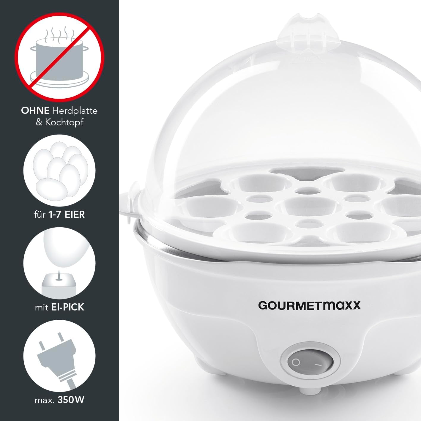 GOURMETmaxx Eierkocher für bis zu 7 Eier | Elektrischer und energiesparender Egg Cooker für individeulle Härtegrade | Inkl. Messbecher mit Ei-Pick für perfekte Ergebnisse | Mit Dampfauslassung [350 W] — Ansicht 2